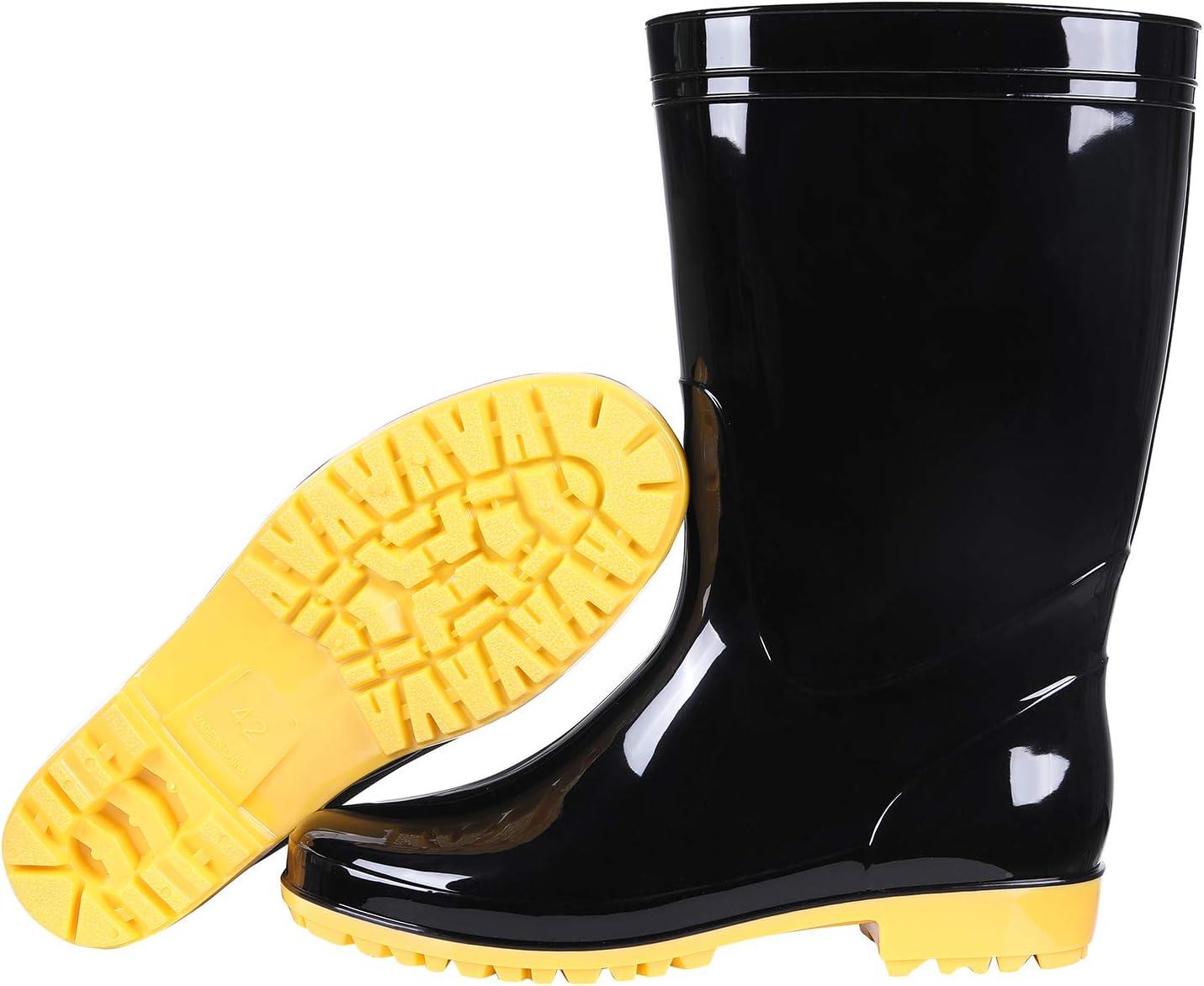 imageComwarm Mens Midcalf Rain Boots Waterproof AntiSlip Black PVC Adult Outdoor Work Rubber BootsBlack With Yellow Bottom
