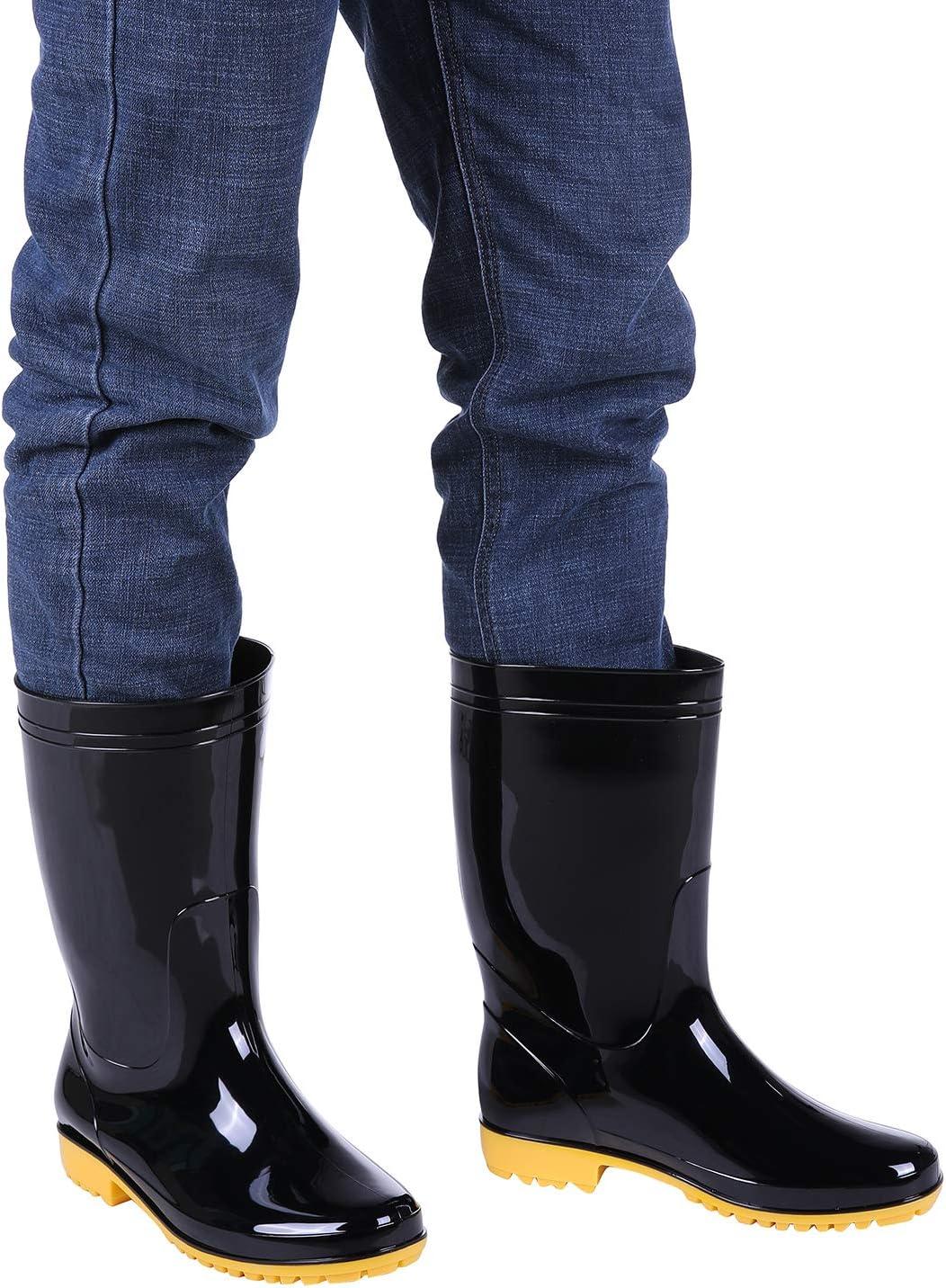 imageComwarm Mens Midcalf Rain Boots Waterproof AntiSlip Black PVC Adult Outdoor Work Rubber BootsBlack With Yellow Bottom