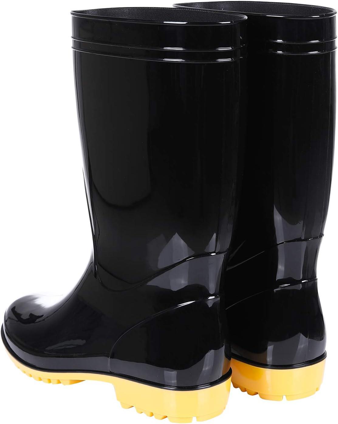 imageComwarm Mens Midcalf Rain Boots Waterproof AntiSlip Black PVC Adult Outdoor Work Rubber BootsBlack With Yellow Bottom