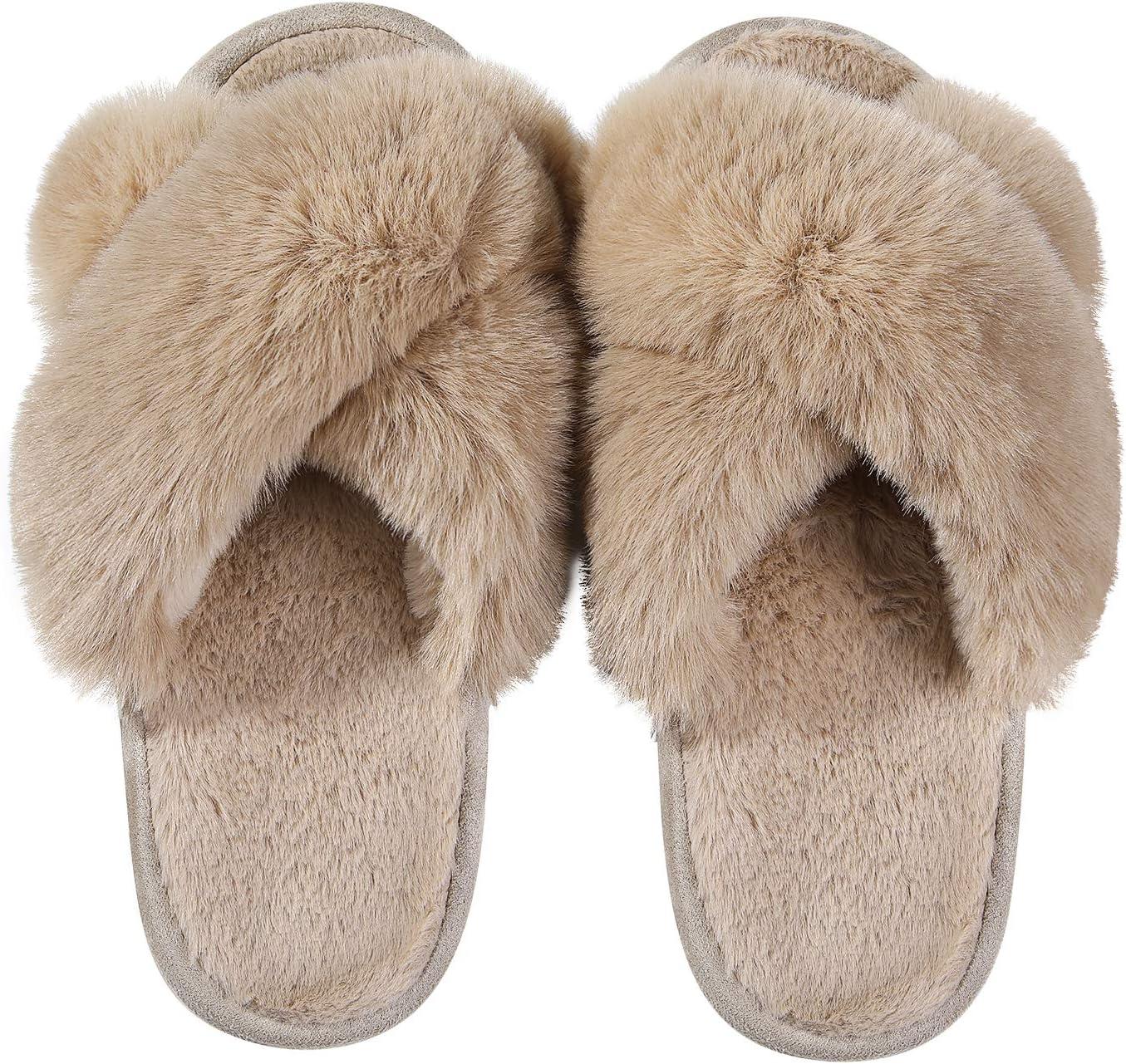 imageComwarm Womens Cross Band Fuzzy Slippers Fluffy Open Toe House Slippers Cozy Plush Bedroom Shoes Indoor Outdoor Camel Size 78