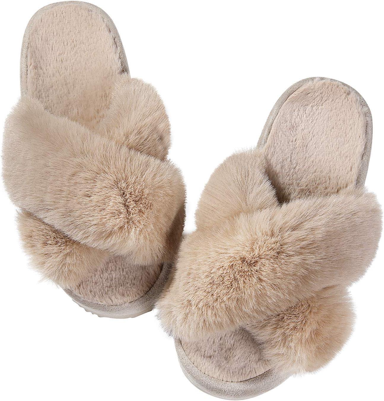 imageComwarm Womens Cross Band Fuzzy Slippers Fluffy Open Toe House Slippers Cozy Plush Bedroom Shoes Indoor Outdoor Camel Size 78