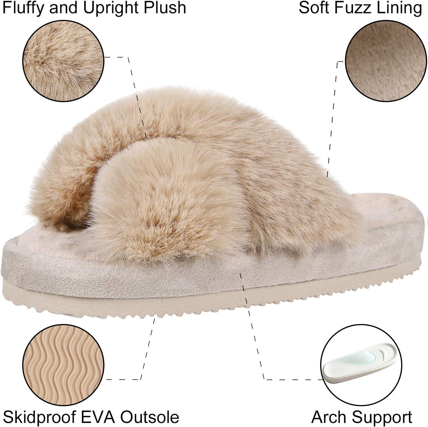 imageComwarm Womens Cross Band Fuzzy Slippers Fluffy Open Toe House Slippers Cozy Plush Bedroom Shoes Indoor Outdoor Camel Size 78
