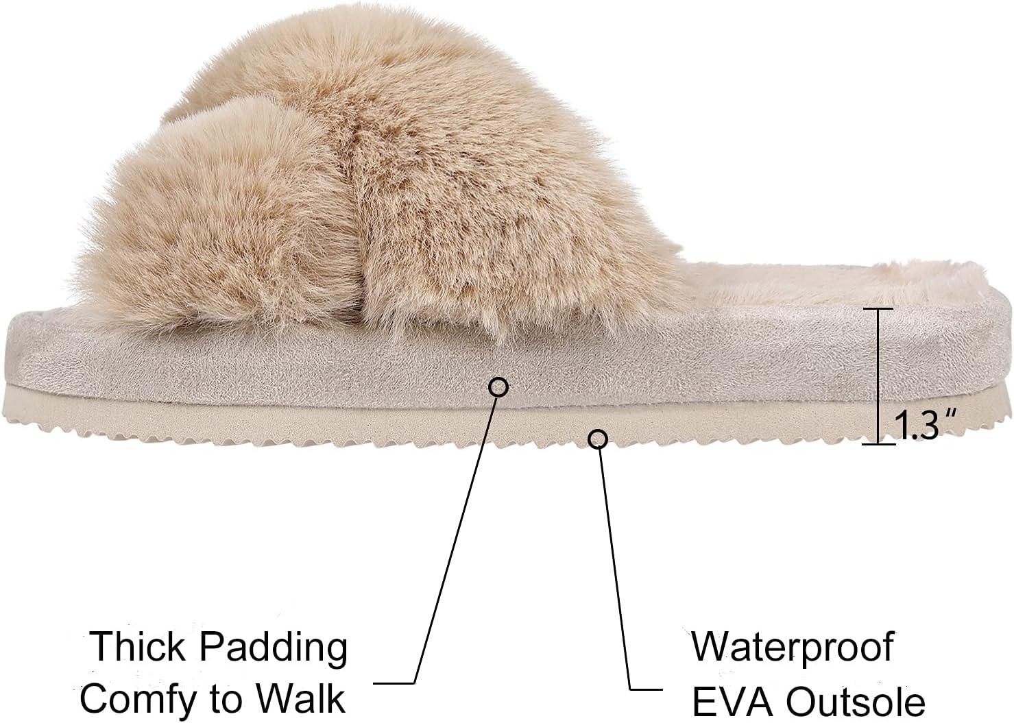 imageComwarm Womens Cross Band Fuzzy Slippers Fluffy Open Toe House Slippers Cozy Plush Bedroom Shoes Indoor Outdoor Camel Size 78