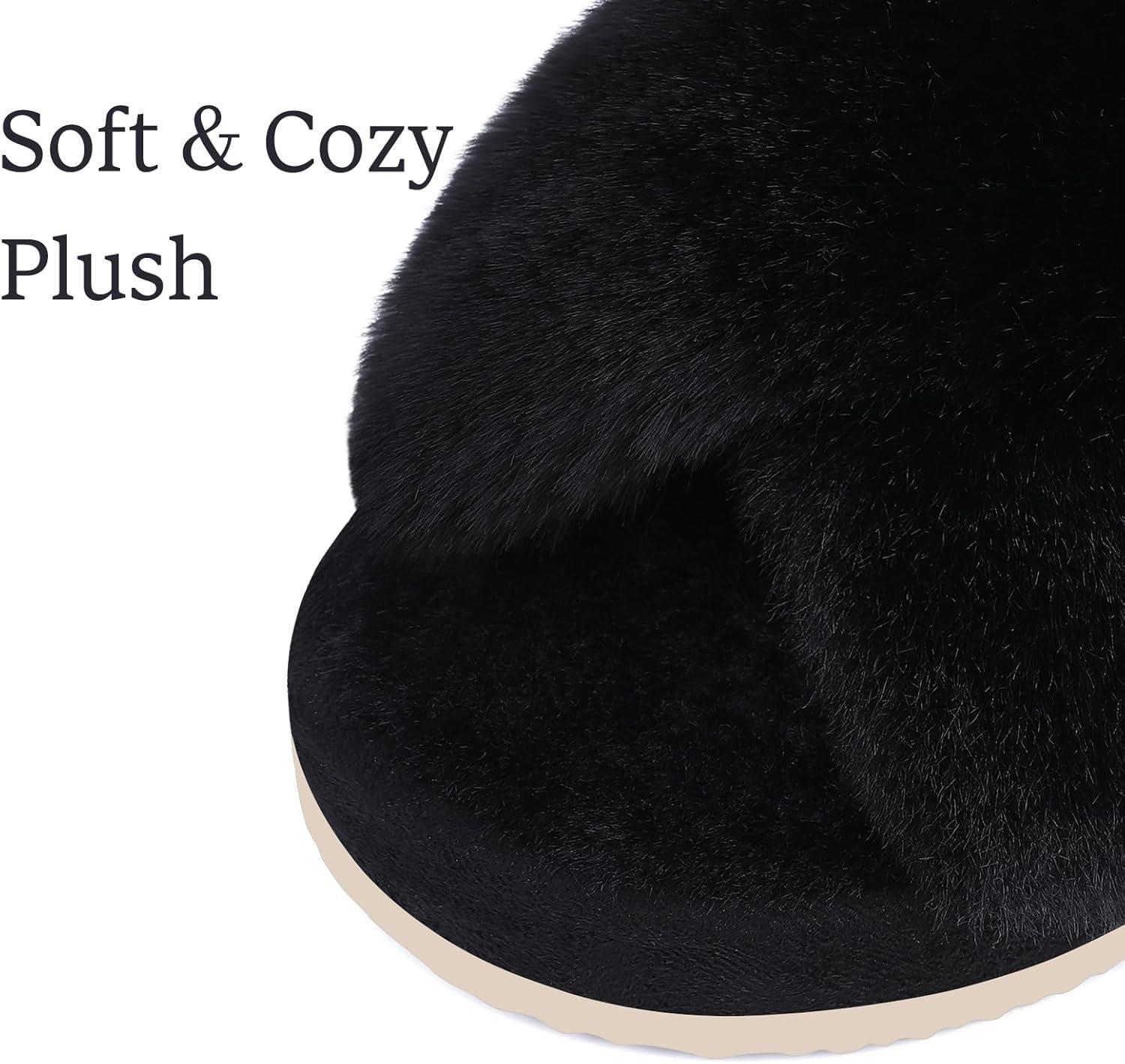 imageComwarm Womens Cross Band Fuzzy Slippers Fluffy Open Toe House Slippers Cozy Plush Bedroom Shoes Indoor OutdoorBlack