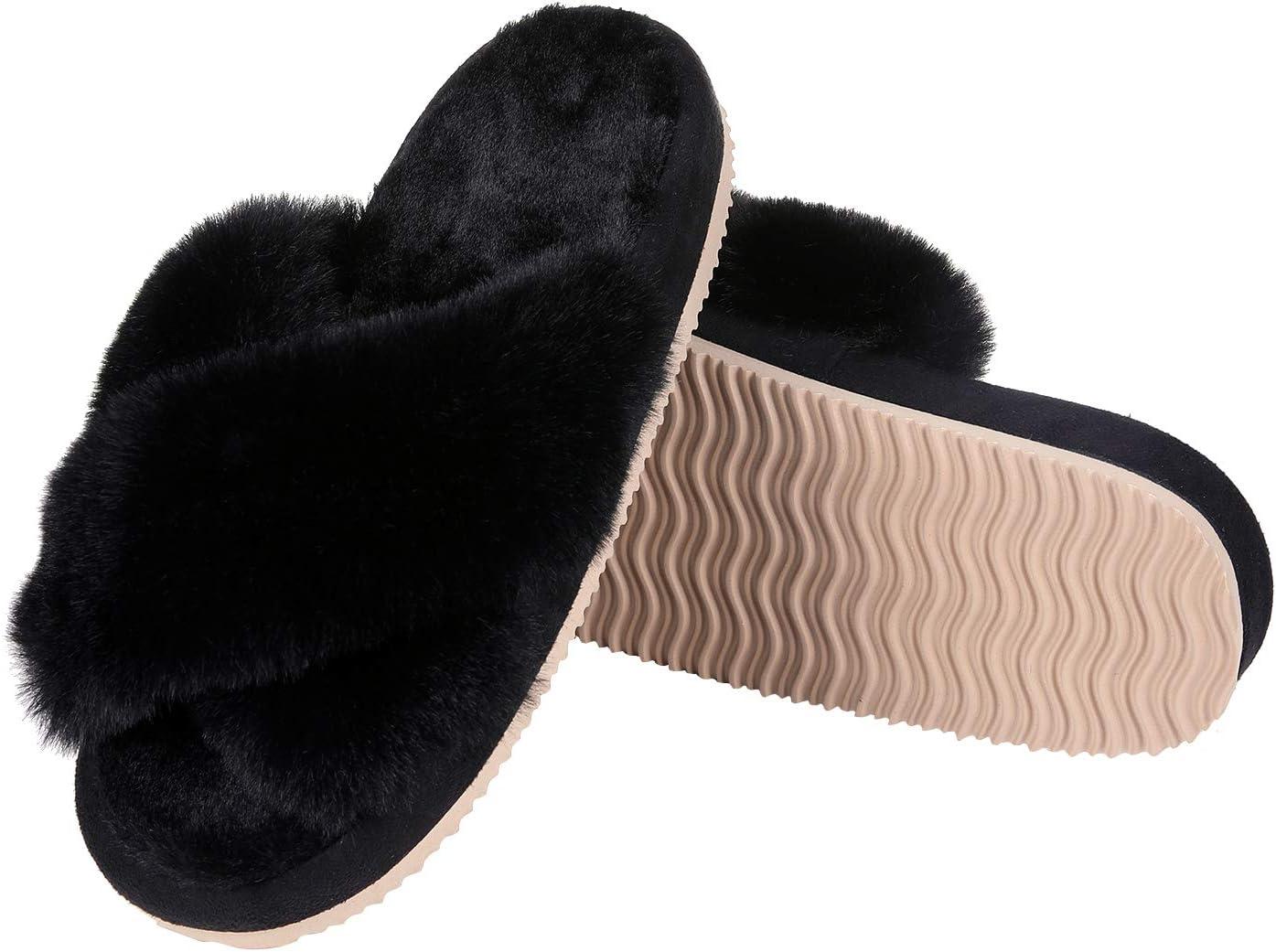 imageComwarm Womens Cross Band Fuzzy Slippers Fluffy Open Toe House Slippers Cozy Plush Bedroom Shoes Indoor OutdoorBlack