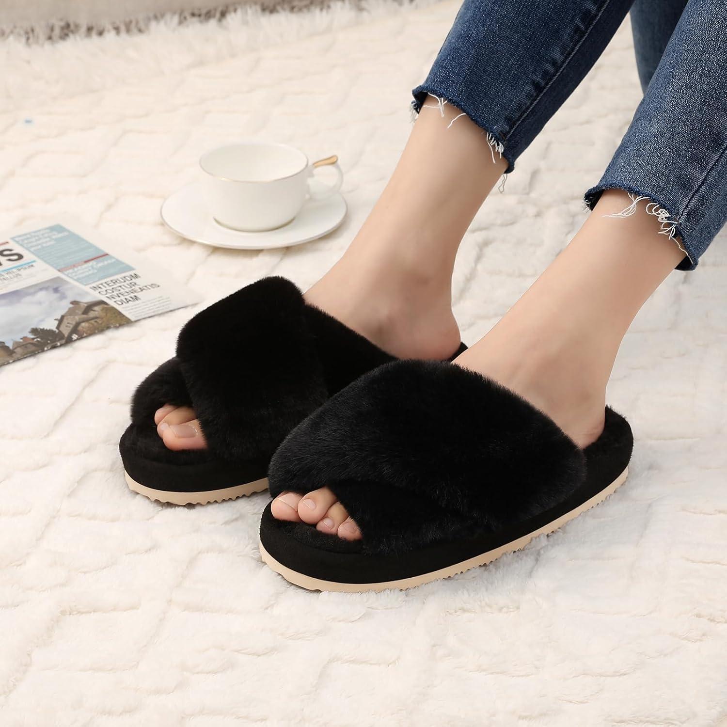 imageComwarm Womens Cross Band Fuzzy Slippers Fluffy Open Toe House Slippers Cozy Plush Bedroom Shoes Indoor OutdoorBlack