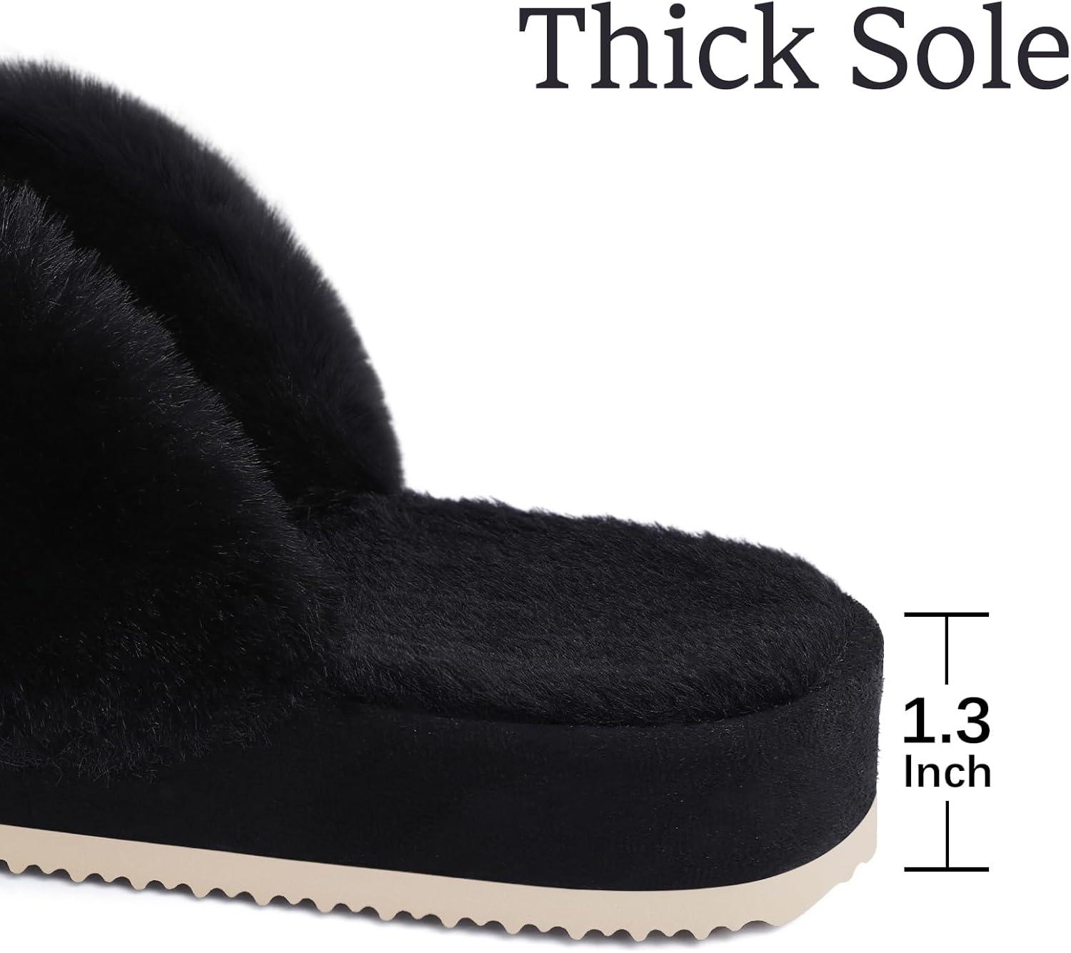 imageComwarm Womens Cross Band Fuzzy Slippers Fluffy Open Toe House Slippers Cozy Plush Bedroom Shoes Indoor OutdoorBlack