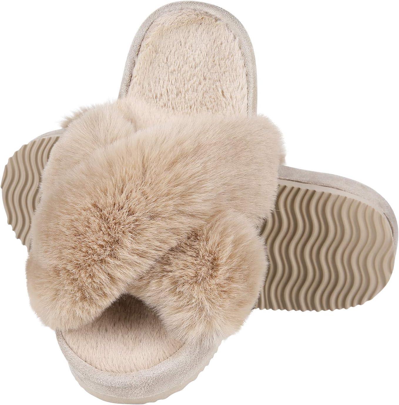 imageComwarm Womens Cross Band Fuzzy Slippers Fluffy Open Toe House Slippers Cozy Plush Bedroom Shoes Indoor OutdoorCamel