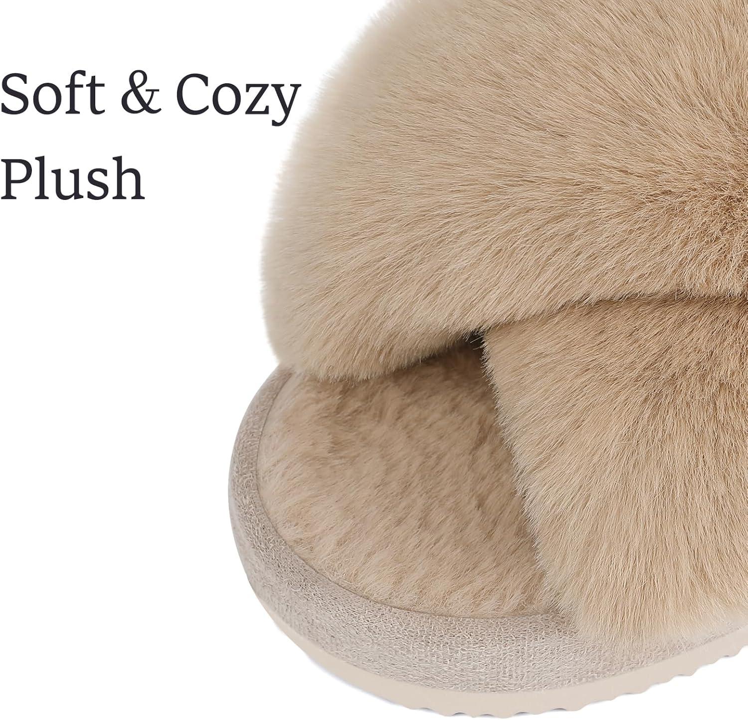 imageComwarm Womens Cross Band Fuzzy Slippers Fluffy Open Toe House Slippers Cozy Plush Bedroom Shoes Indoor OutdoorCamel