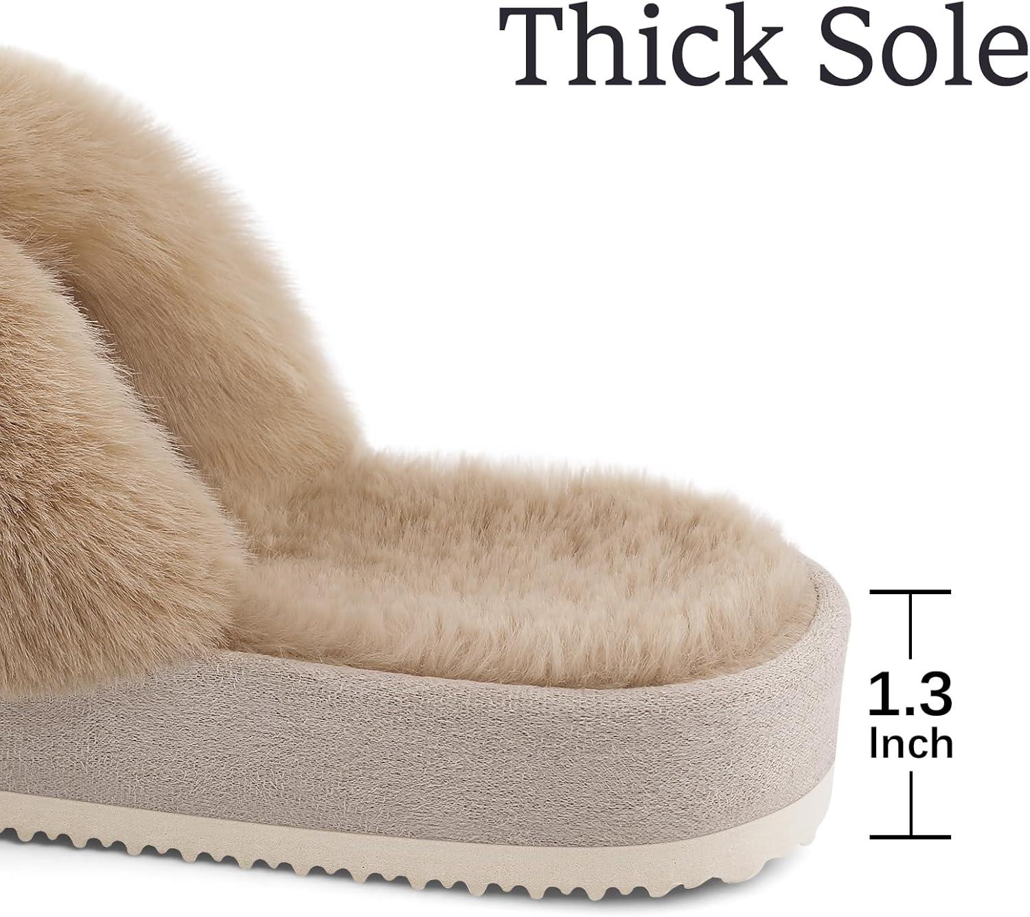 imageComwarm Womens Cross Band Fuzzy Slippers Fluffy Open Toe House Slippers Cozy Plush Bedroom Shoes Indoor OutdoorCamel