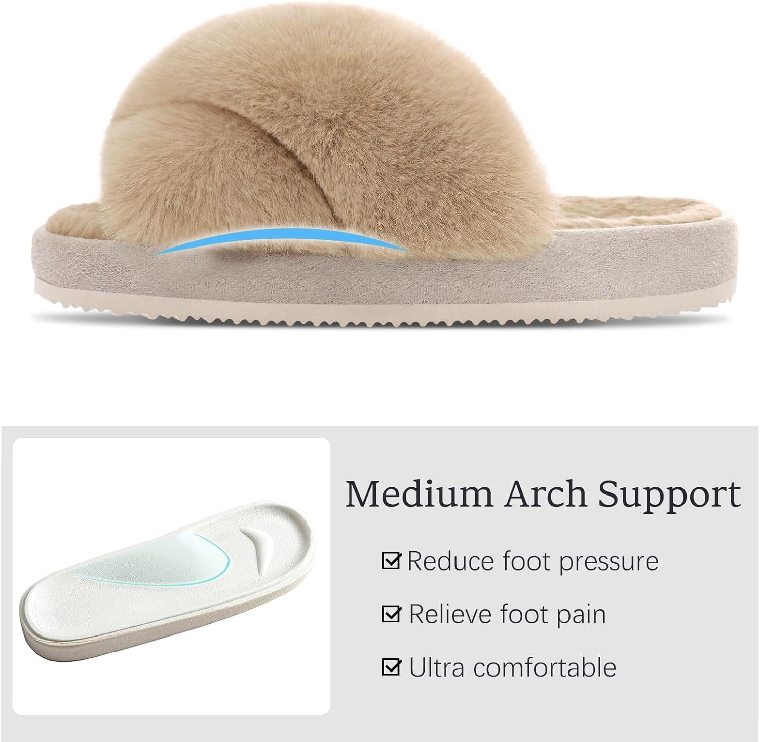 imageComwarm Womens Cross Band Fuzzy Slippers Fluffy Open Toe House Slippers Cozy Plush Bedroom Shoes Indoor OutdoorCamel