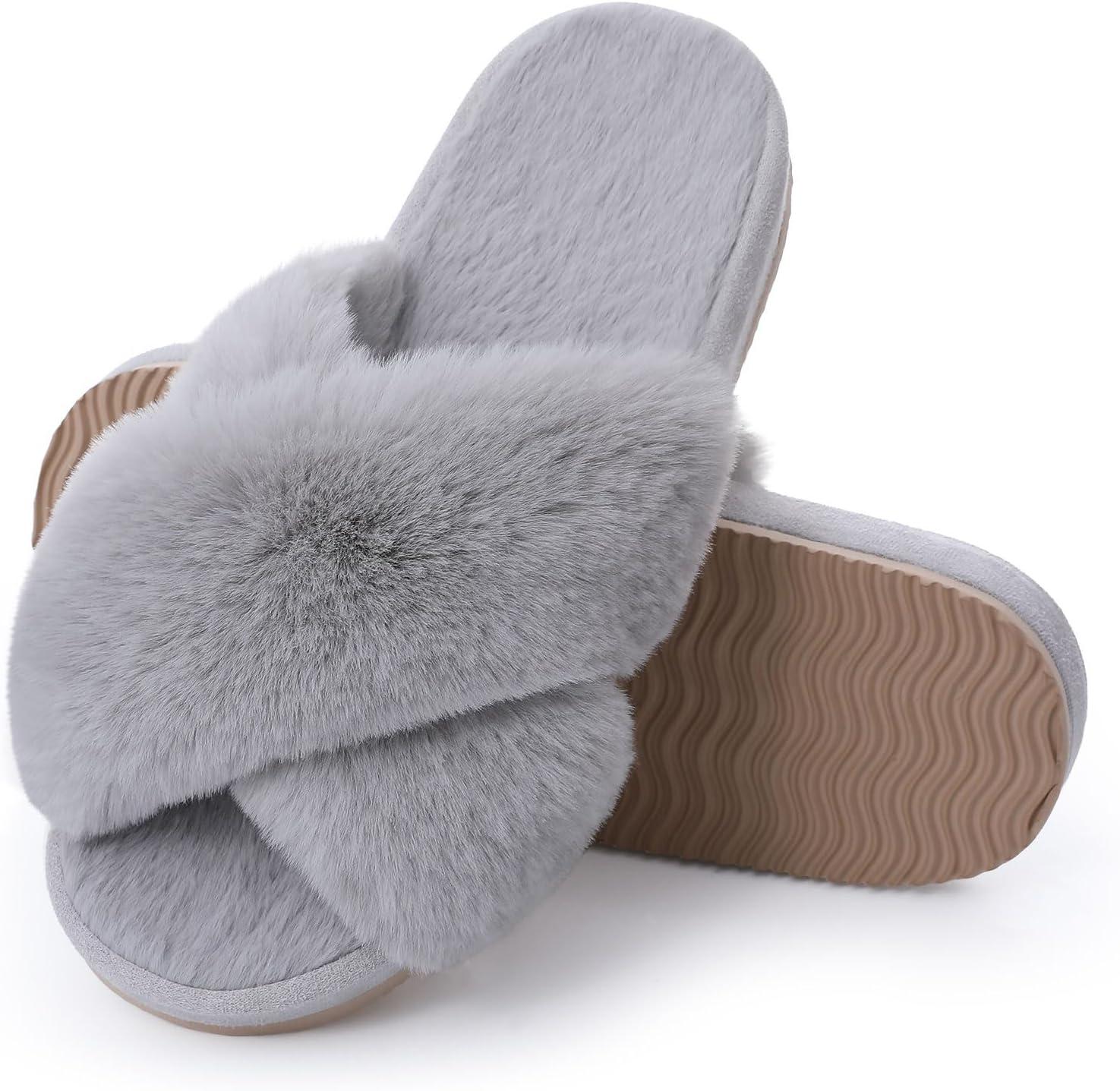 imageComwarm Womens Cross Band Fuzzy Slippers Fluffy Open Toe House Slippers Cozy Plush Bedroom Shoes Indoor OutdoorGrey