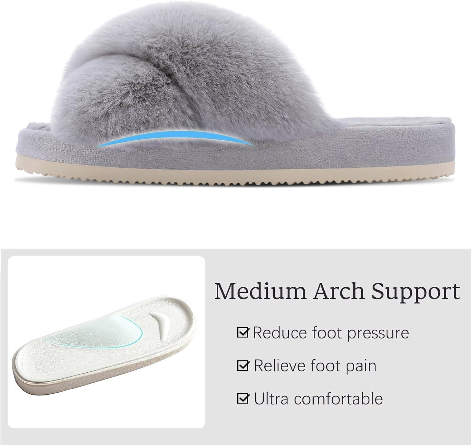 imageComwarm Womens Cross Band Fuzzy Slippers Fluffy Open Toe House Slippers Cozy Plush Bedroom Shoes Indoor OutdoorGrey