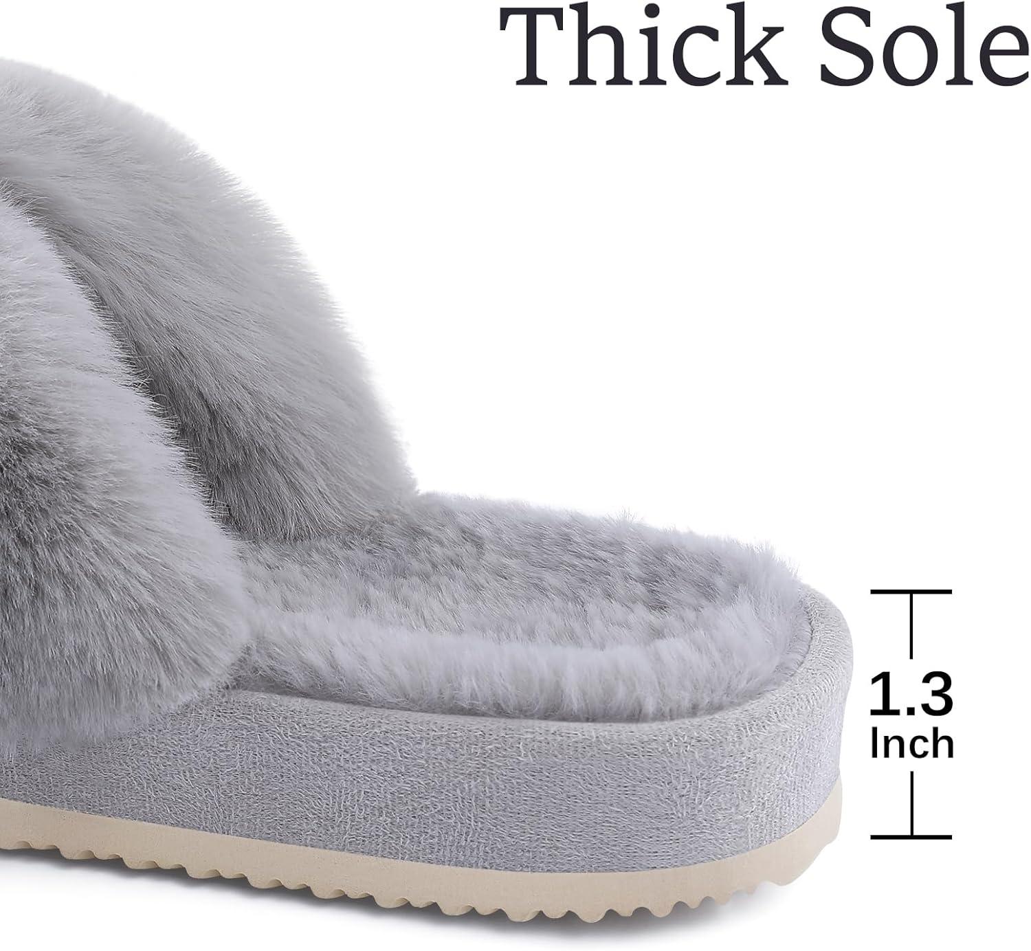 imageComwarm Womens Cross Band Fuzzy Slippers Fluffy Open Toe House Slippers Cozy Plush Bedroom Shoes Indoor OutdoorGrey