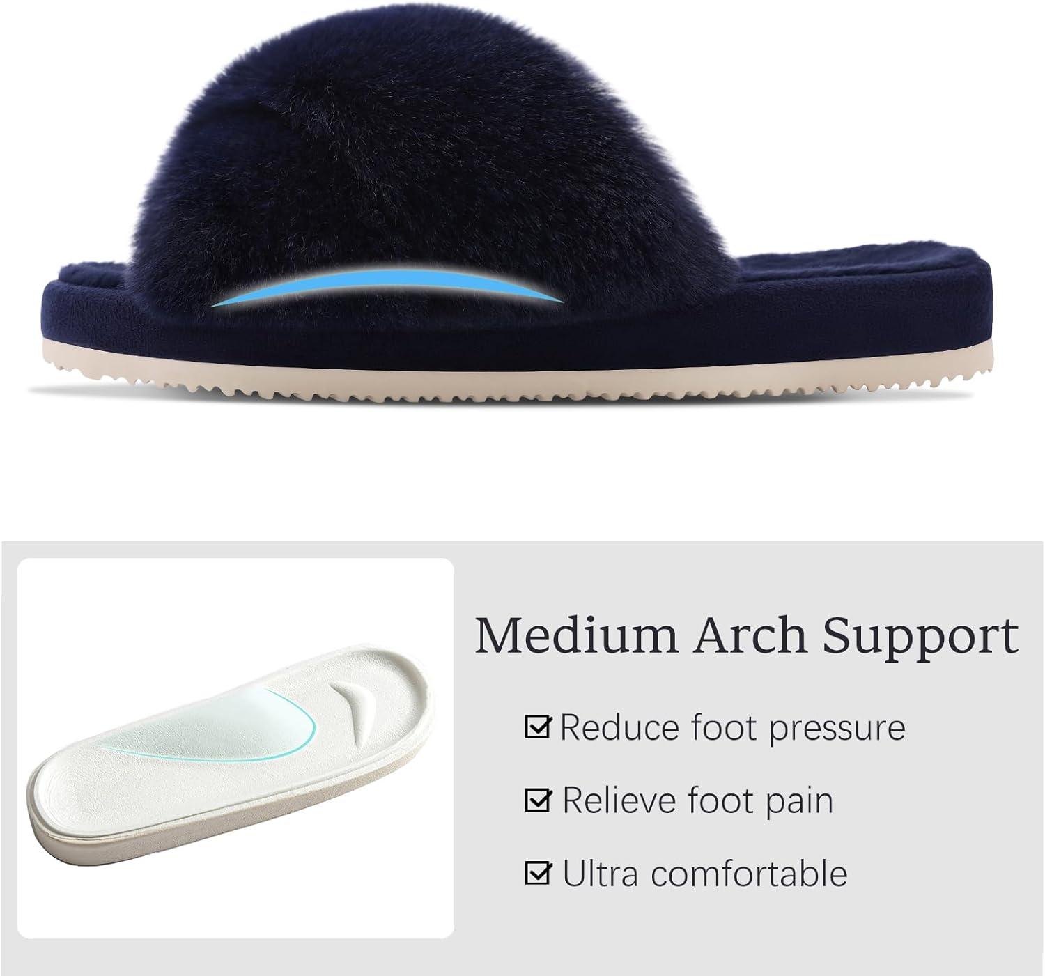 imageComwarm Womens Cross Band Fuzzy Slippers Fluffy Open Toe House Slippers Cozy Plush Bedroom Shoes Indoor OutdoorNavy Blue