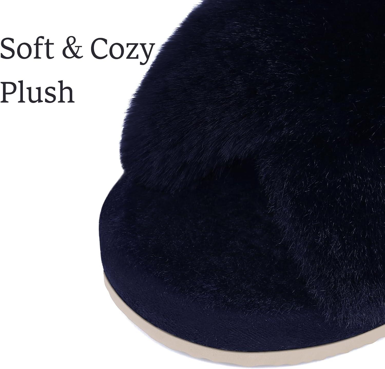 imageComwarm Womens Cross Band Fuzzy Slippers Fluffy Open Toe House Slippers Cozy Plush Bedroom Shoes Indoor OutdoorNavy Blue