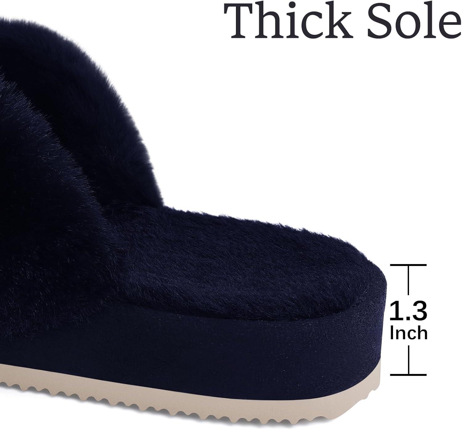 imageComwarm Womens Cross Band Fuzzy Slippers Fluffy Open Toe House Slippers Cozy Plush Bedroom Shoes Indoor OutdoorNavy Blue