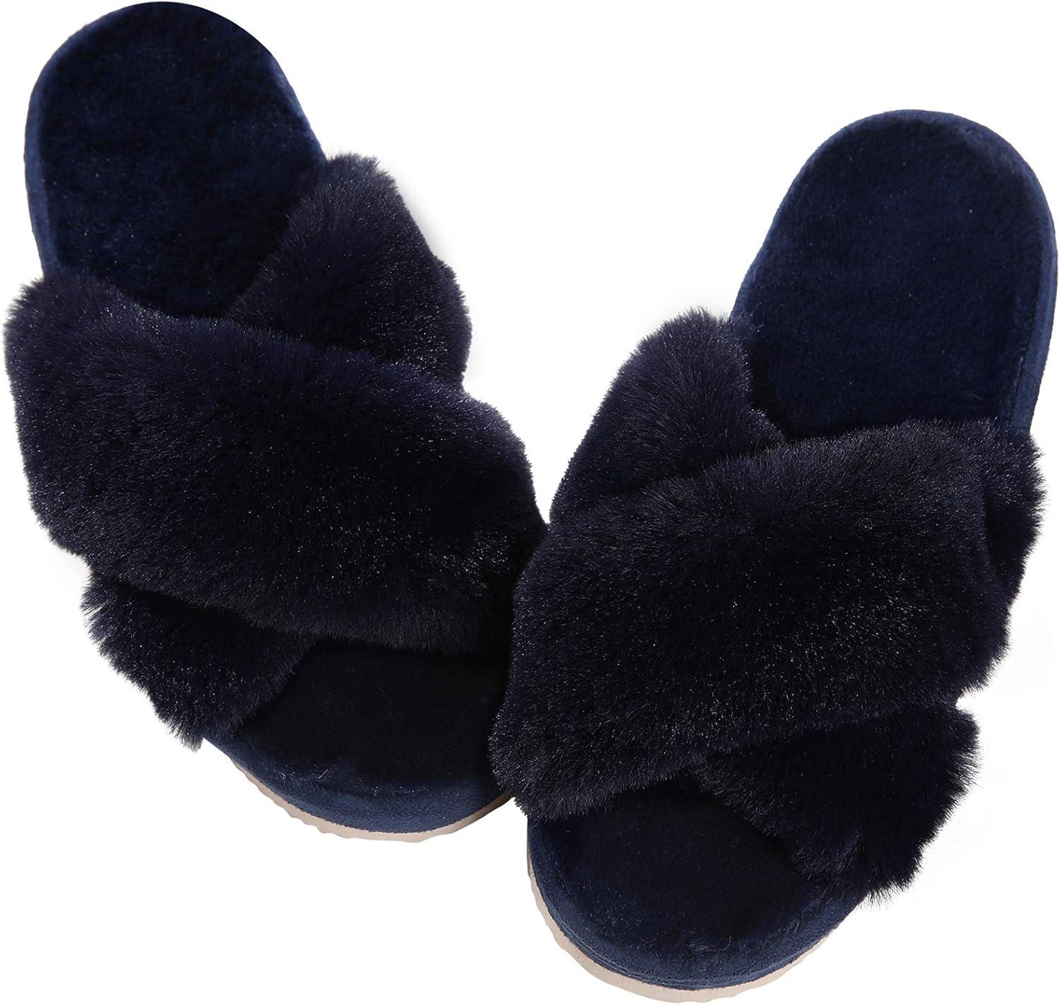 imageComwarm Womens Cross Band Fuzzy Slippers Fluffy Open Toe House Slippers Cozy Plush Bedroom Shoes Indoor OutdoorNavy Blue