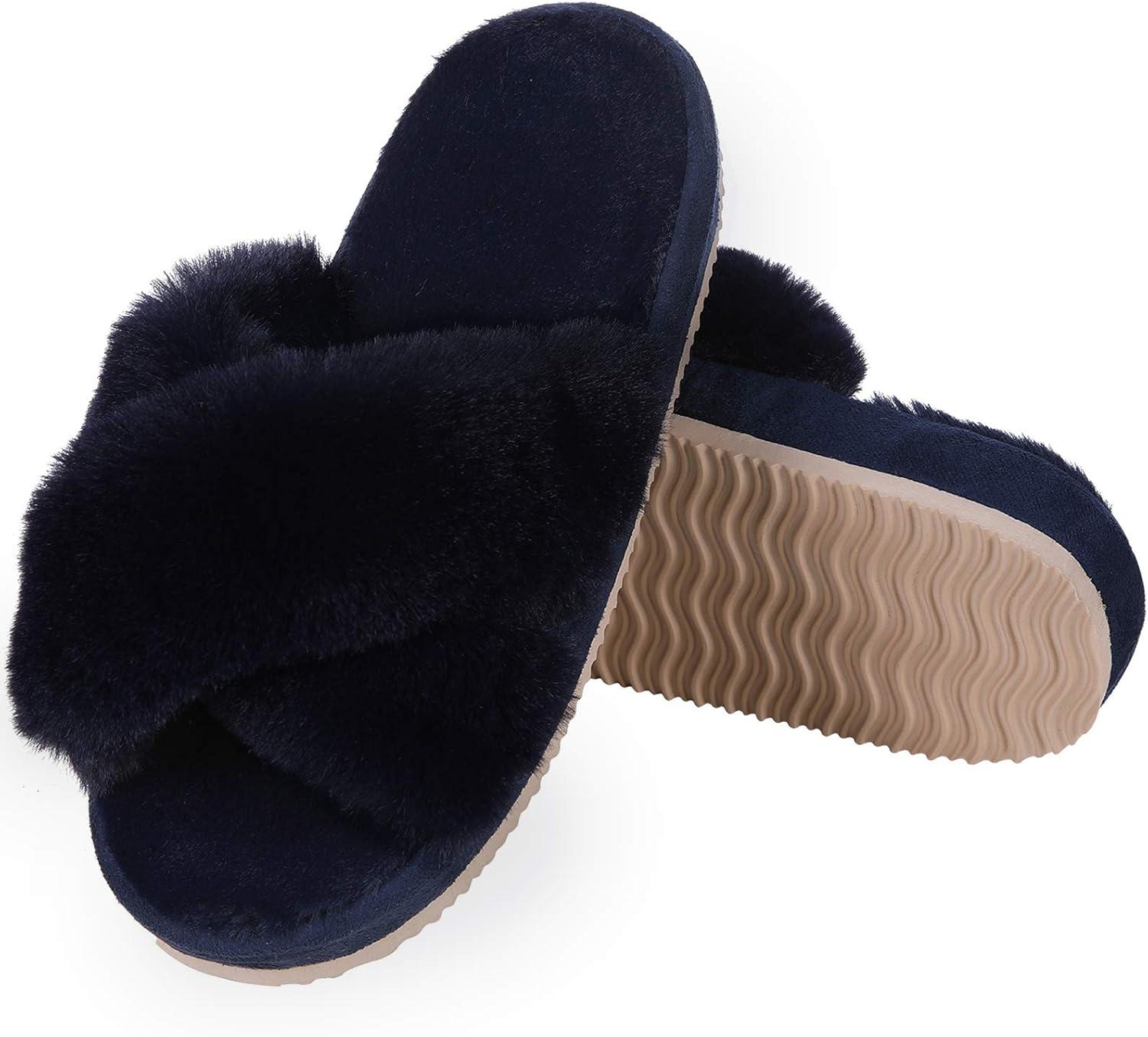 imageComwarm Womens Cross Band Fuzzy Slippers Fluffy Open Toe House Slippers Cozy Plush Bedroom Shoes Indoor OutdoorNavy Blue