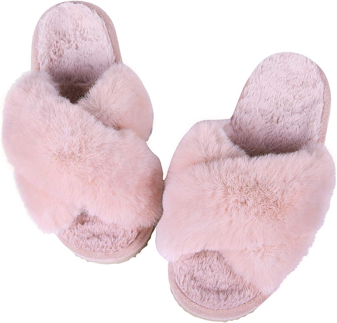 imageComwarm Womens Cross Band Fuzzy Slippers Fluffy Open Toe House Slippers Cozy Plush Bedroom Shoes Indoor OutdoorPink