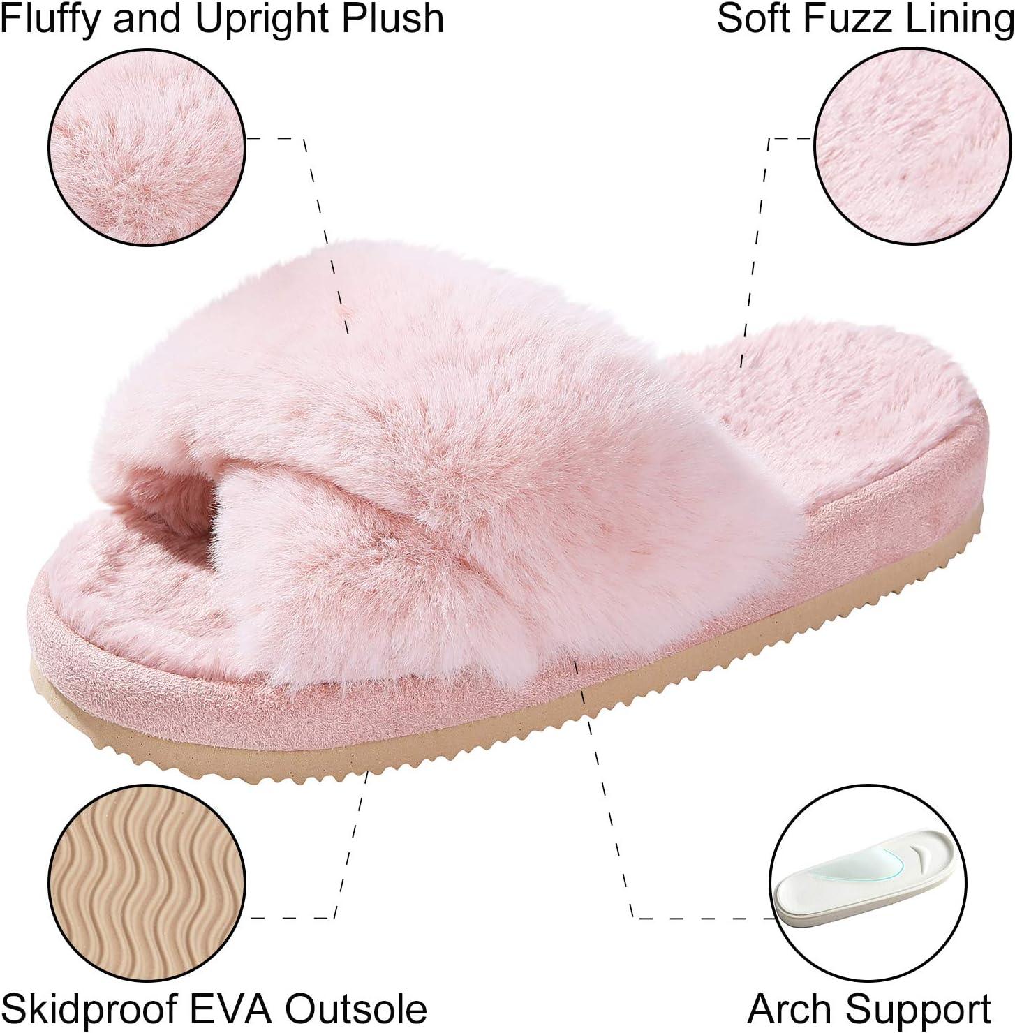 imageComwarm Womens Cross Band Fuzzy Slippers Fluffy Open Toe House Slippers Cozy Plush Bedroom Shoes Indoor OutdoorPink