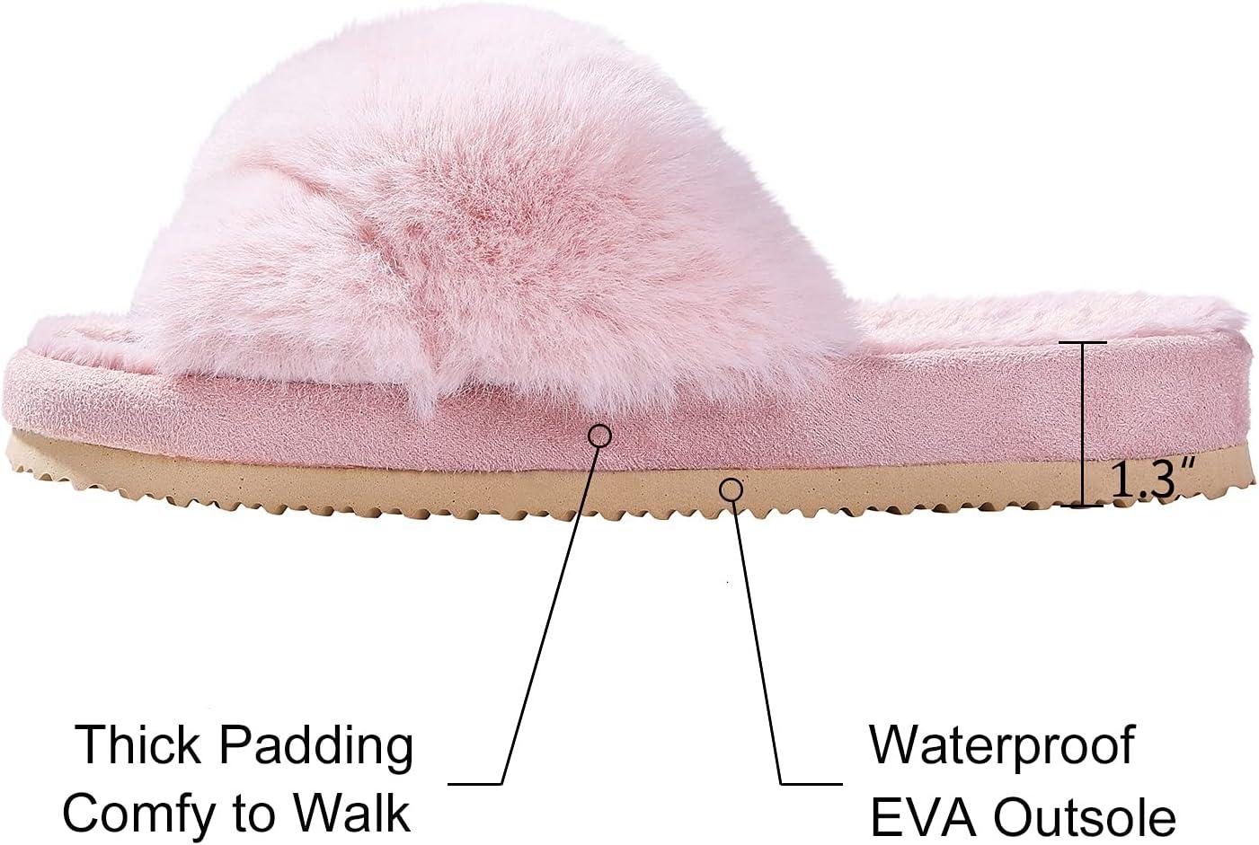 imageComwarm Womens Cross Band Fuzzy Slippers Fluffy Open Toe House Slippers Cozy Plush Bedroom Shoes Indoor OutdoorPink