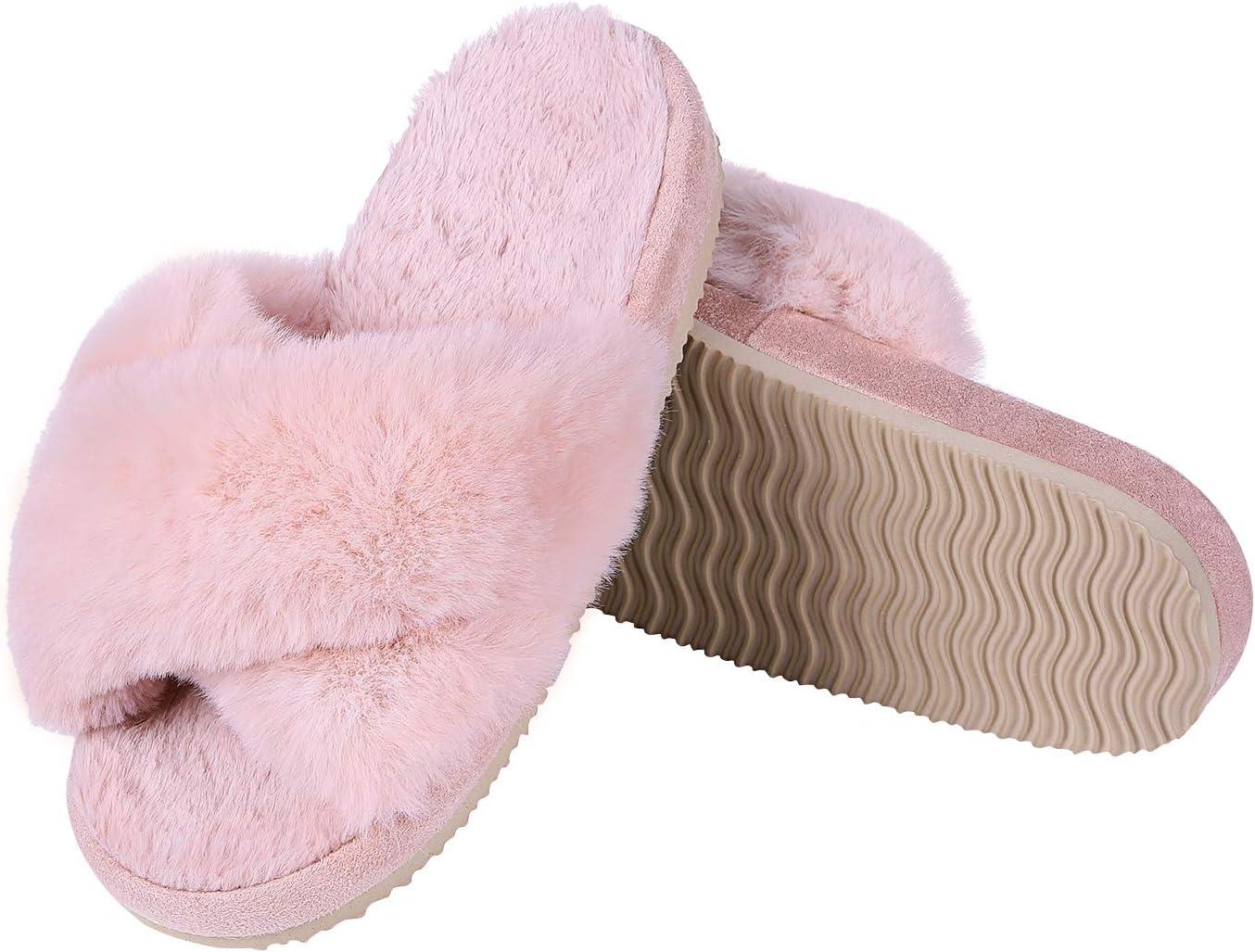 imageComwarm Womens Cross Band Fuzzy Slippers Fluffy Open Toe House Slippers Cozy Plush Bedroom Shoes Indoor OutdoorPink