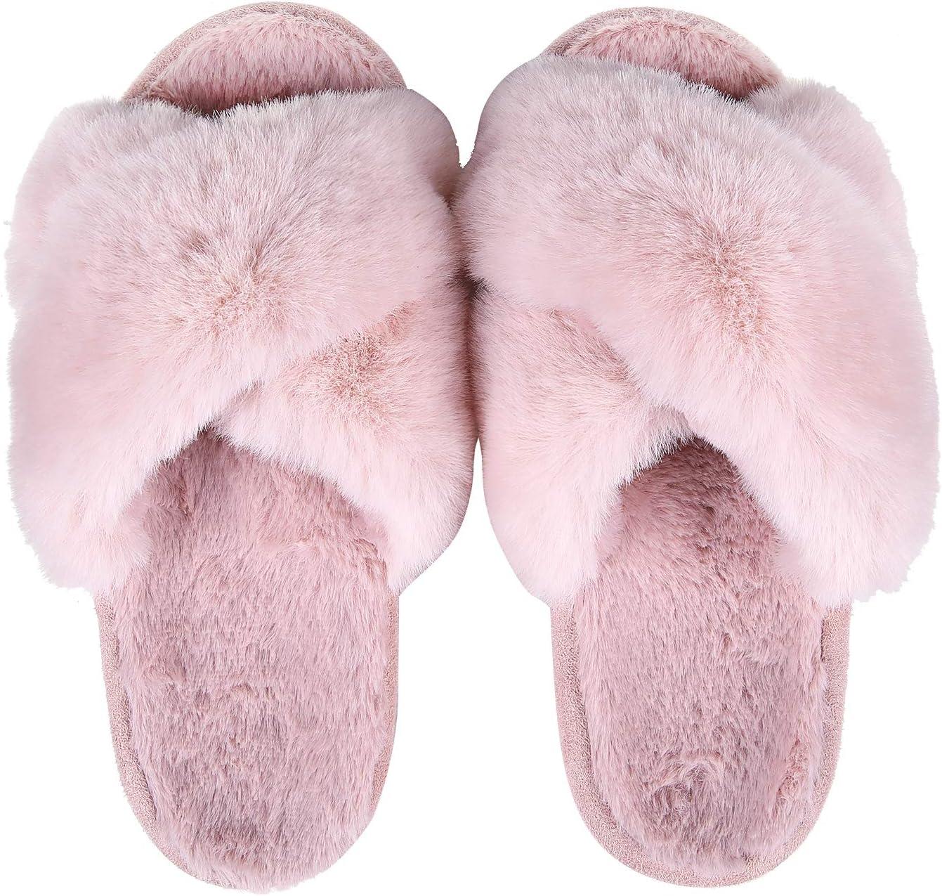 imageComwarm Womens Cross Band Fuzzy Slippers Fluffy Open Toe House Slippers Cozy Plush Bedroom Shoes Indoor OutdoorPink