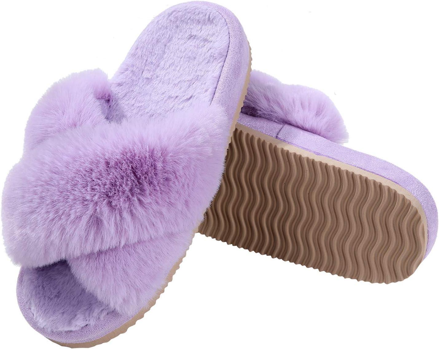 imageComwarm Womens Cross Band Fuzzy Slippers Fluffy Open Toe House Slippers Cozy Plush Bedroom Shoes Indoor OutdoorPurple