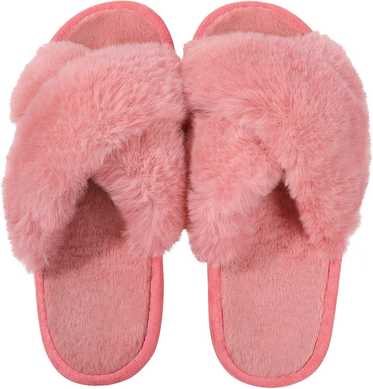 imageComwarm Womens Cross Band Fuzzy Slippers Fluffy Open Toe House Slippers Cozy Plush Bedroom Shoes Indoor OutdoorWatermelon Red