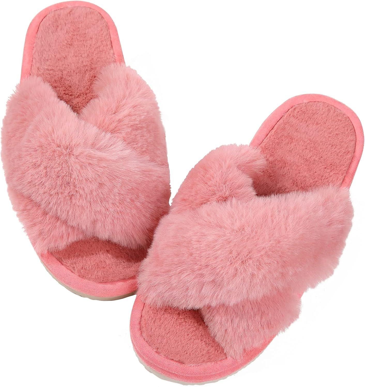 imageComwarm Womens Cross Band Fuzzy Slippers Fluffy Open Toe House Slippers Cozy Plush Bedroom Shoes Indoor OutdoorWatermelon Red