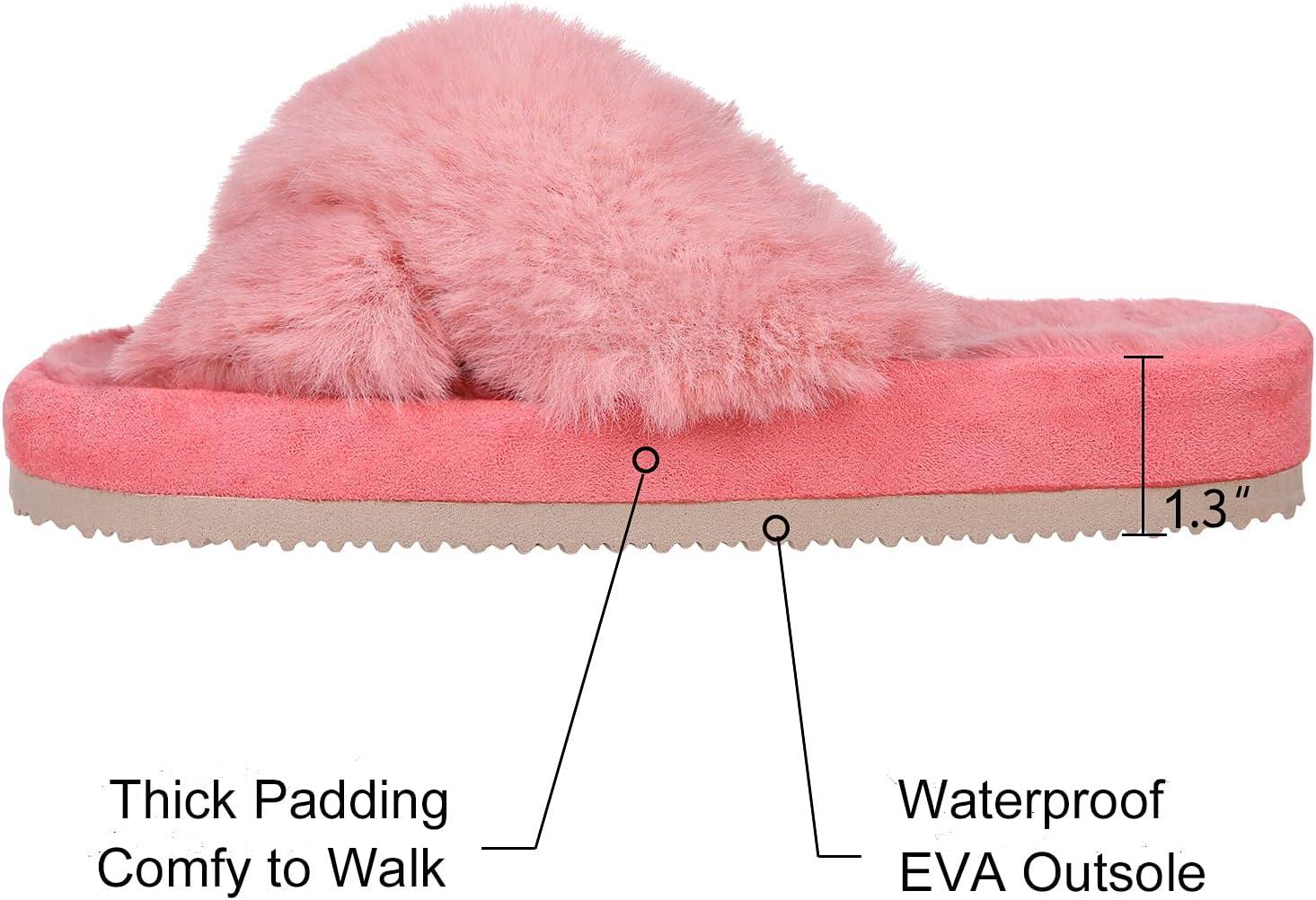 imageComwarm Womens Cross Band Fuzzy Slippers Fluffy Open Toe House Slippers Cozy Plush Bedroom Shoes Indoor OutdoorWatermelon Red