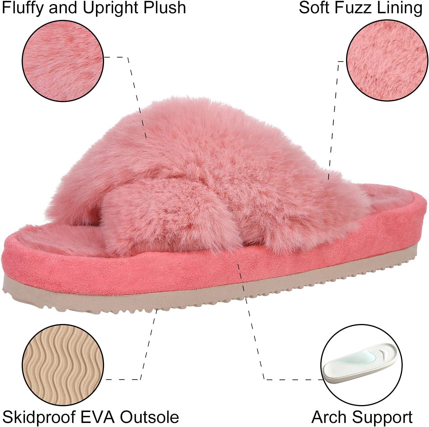 imageComwarm Womens Cross Band Fuzzy Slippers Fluffy Open Toe House Slippers Cozy Plush Bedroom Shoes Indoor OutdoorWatermelon Red