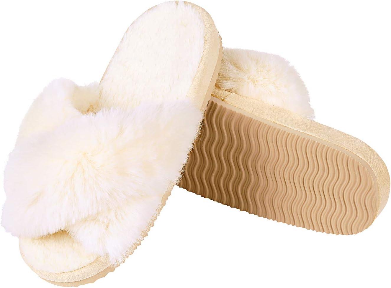 imageComwarm Womens Cross Band Fuzzy Slippers Fluffy Open Toe House Slippers Cozy Plush Bedroom Shoes Indoor OutdoorWhite
