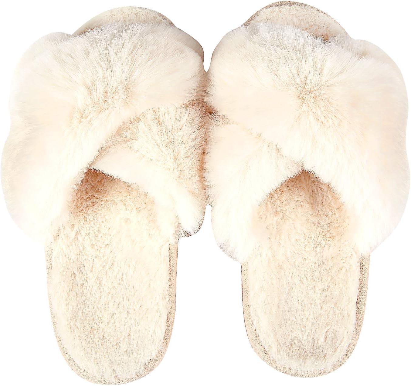imageComwarm Womens Cross Band Fuzzy Slippers Fluffy Open Toe House Slippers Cozy Plush Bedroom Shoes Indoor OutdoorWhite
