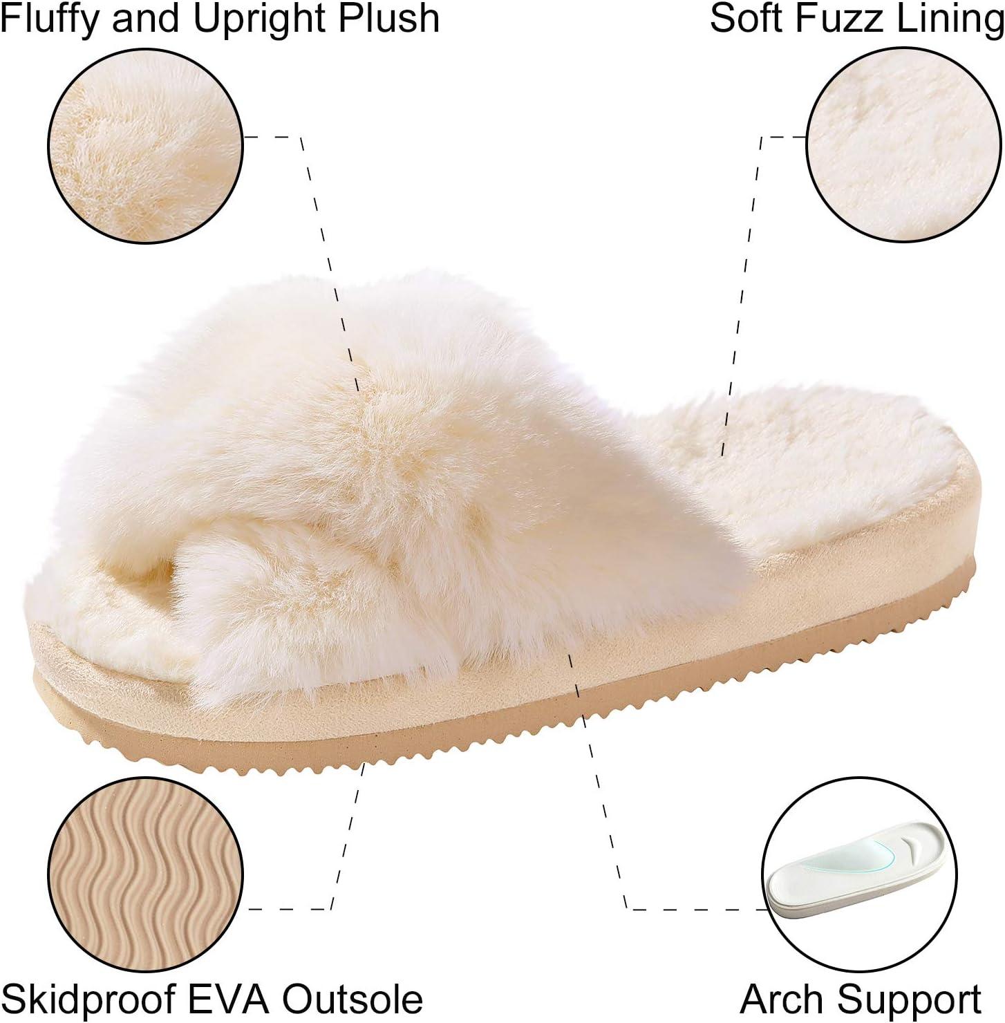 imageComwarm Womens Cross Band Fuzzy Slippers Fluffy Open Toe House Slippers Cozy Plush Bedroom Shoes Indoor OutdoorWhite