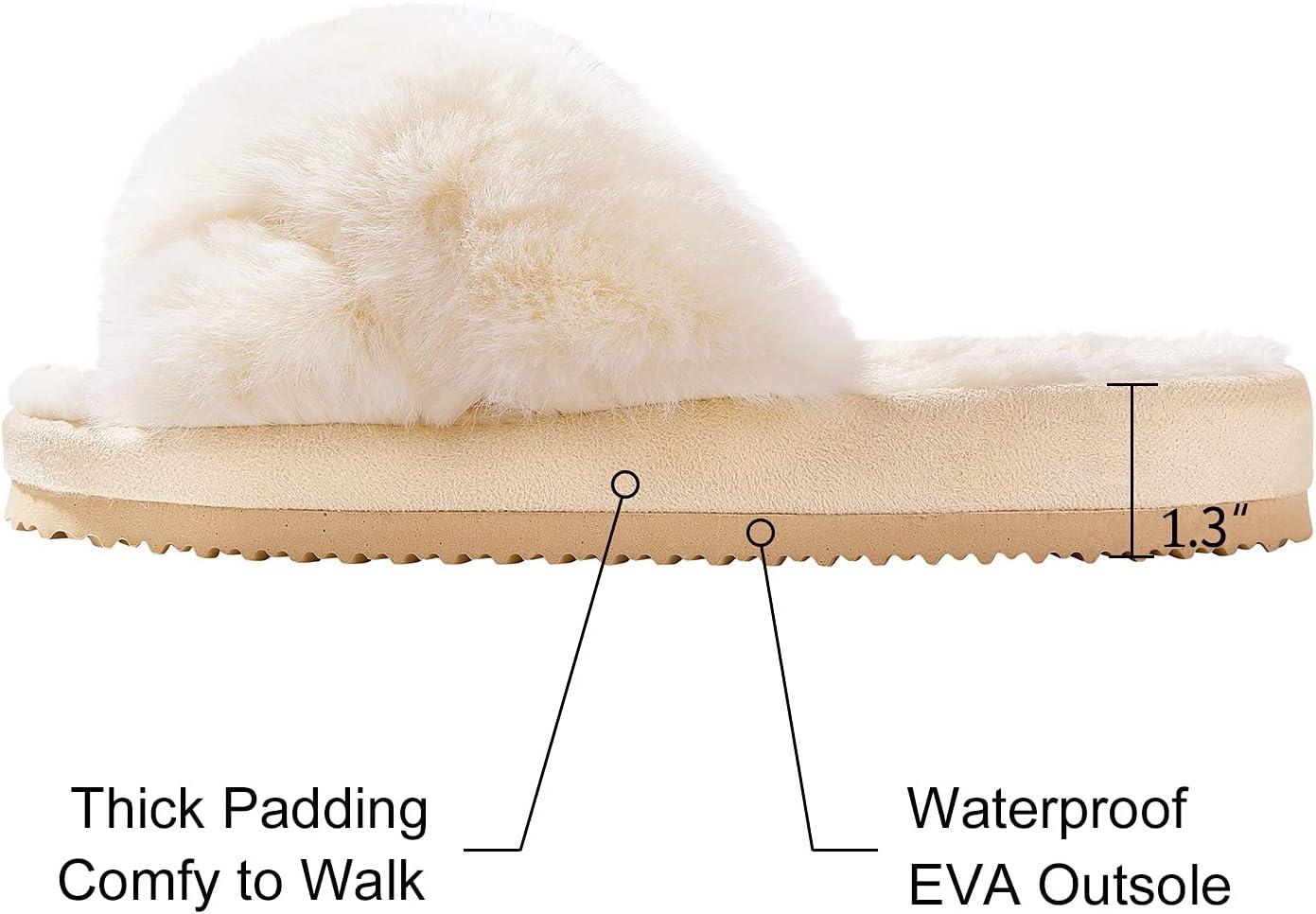 imageComwarm Womens Cross Band Fuzzy Slippers Fluffy Open Toe House Slippers Cozy Plush Bedroom Shoes Indoor OutdoorWhite