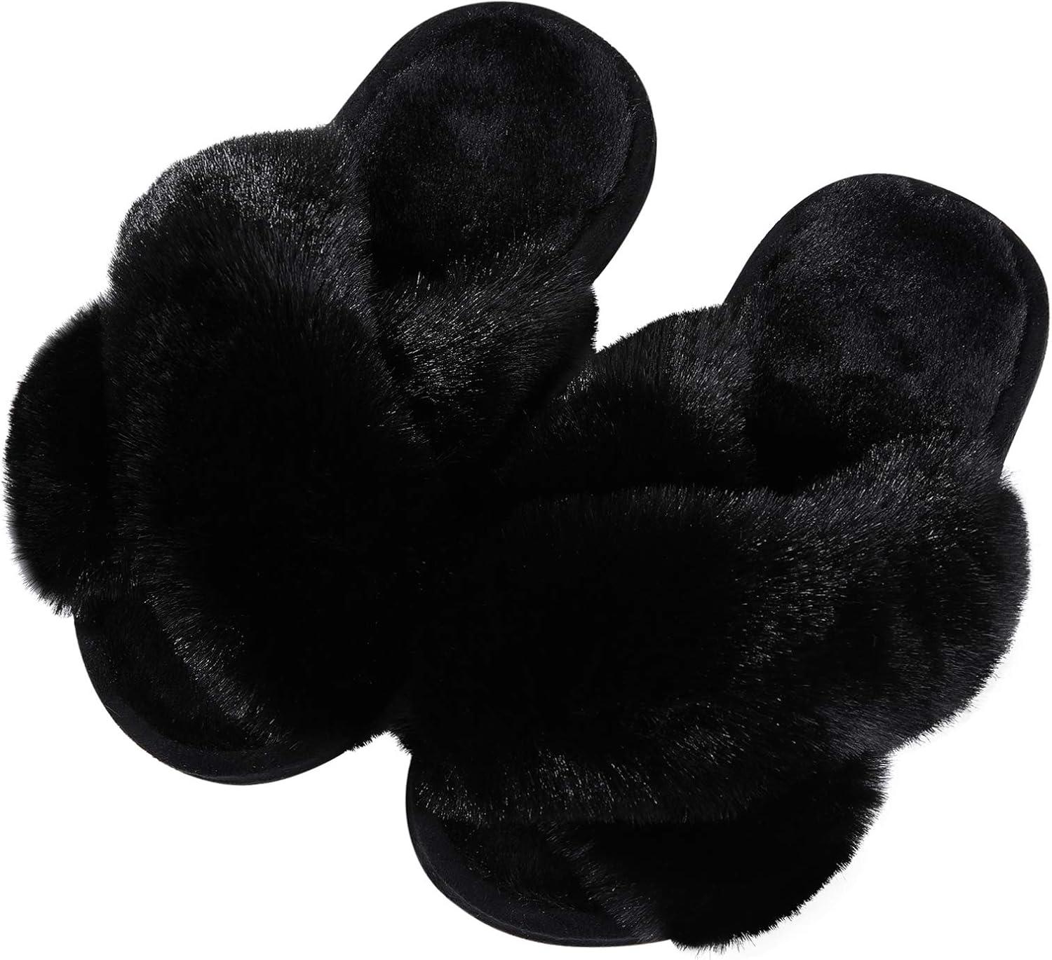 imageGirls Soft Plush Lightweight House Slippers Non Slip Cross Band Slip on Open Toe Cozy Indoor Outdoor SlippersBlack