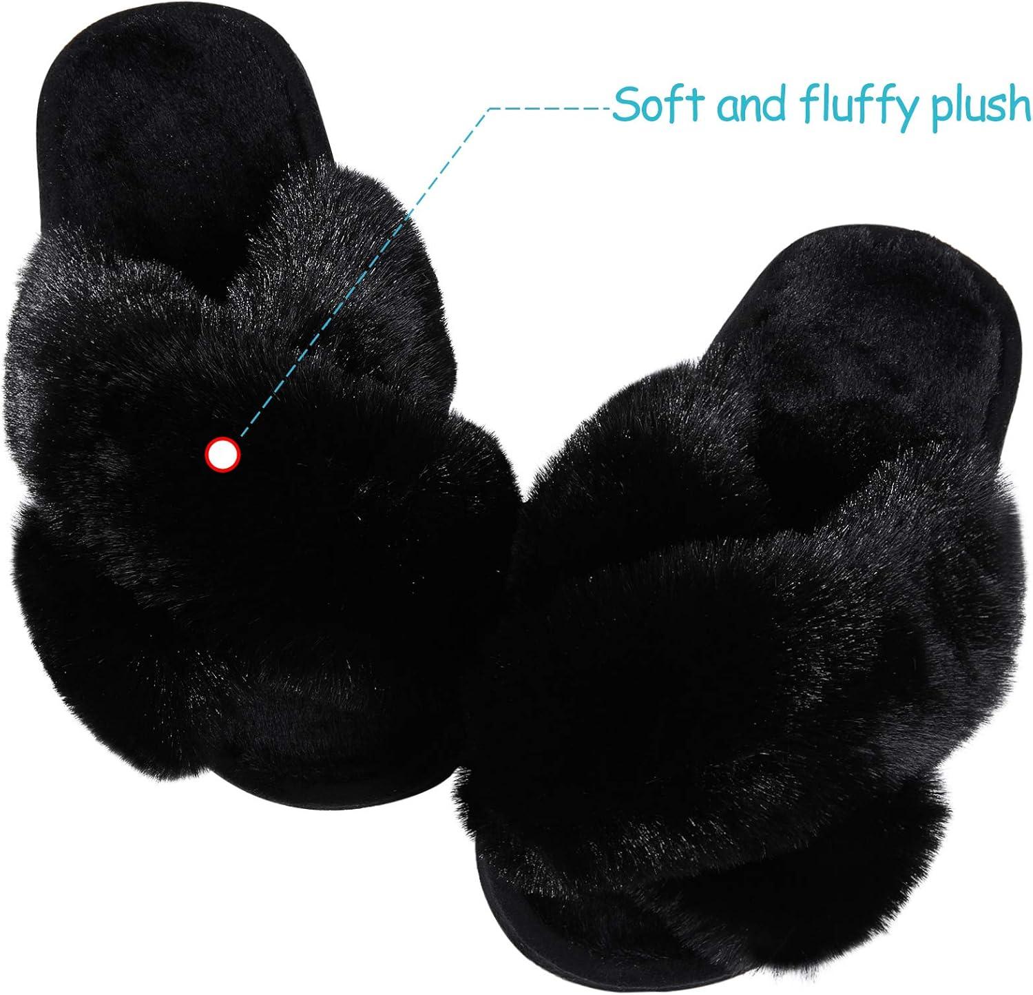 imageGirls Soft Plush Lightweight House Slippers Non Slip Cross Band Slip on Open Toe Cozy Indoor Outdoor SlippersBlack