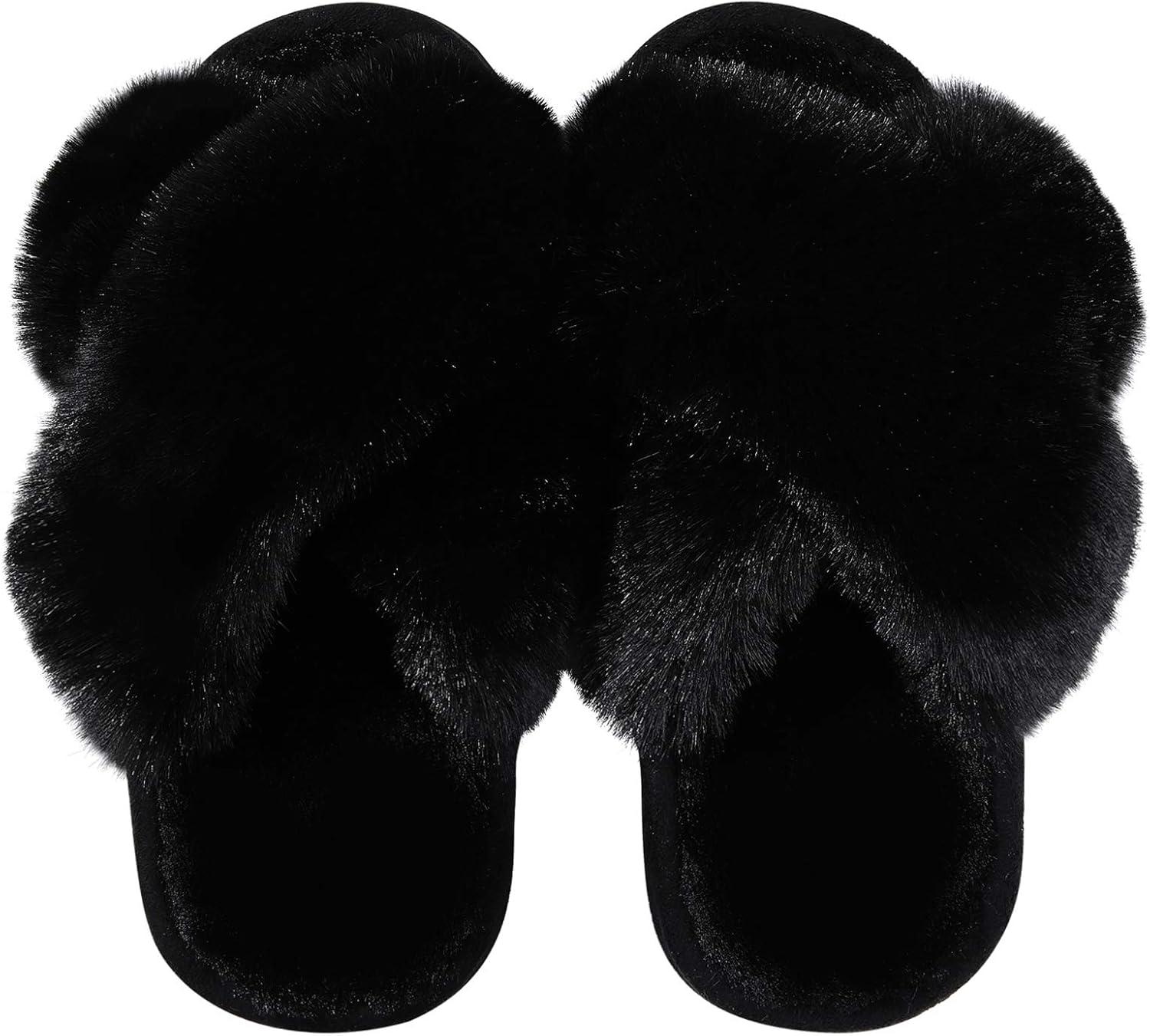 imageGirls Soft Plush Lightweight House Slippers Non Slip Cross Band Slip on Open Toe Cozy Indoor Outdoor SlippersBlack