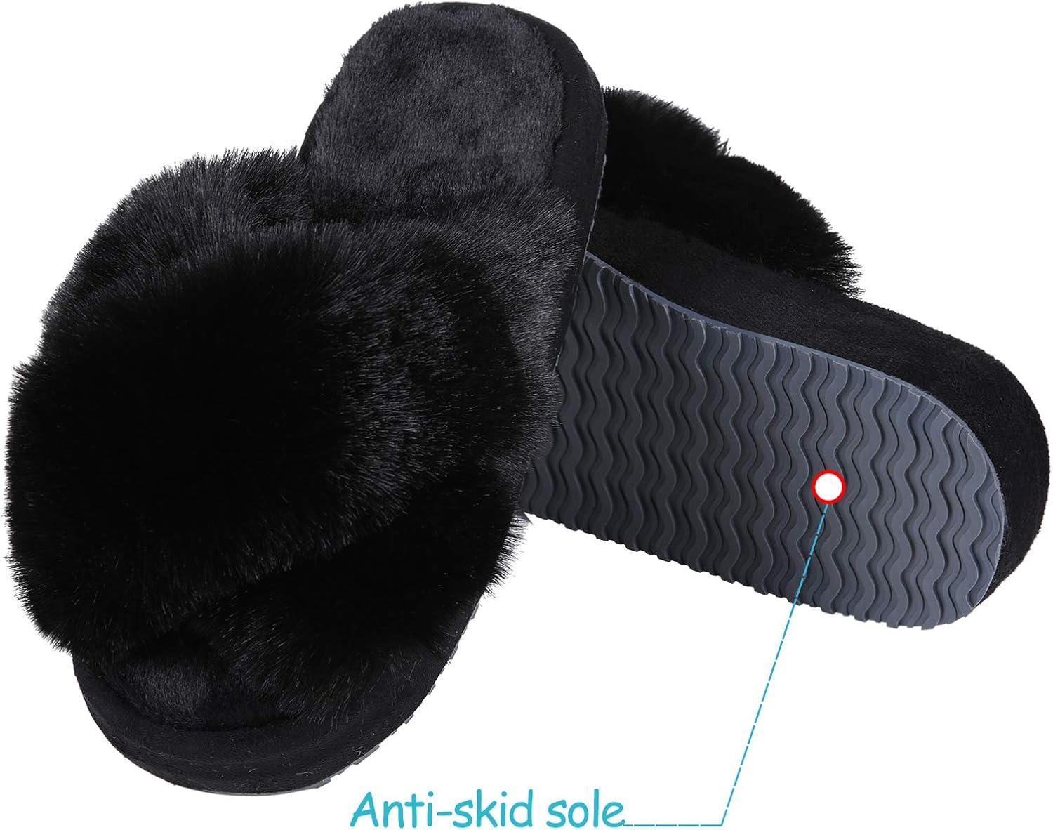 imageGirls Soft Plush Lightweight House Slippers Non Slip Cross Band Slip on Open Toe Cozy Indoor Outdoor SlippersBlack