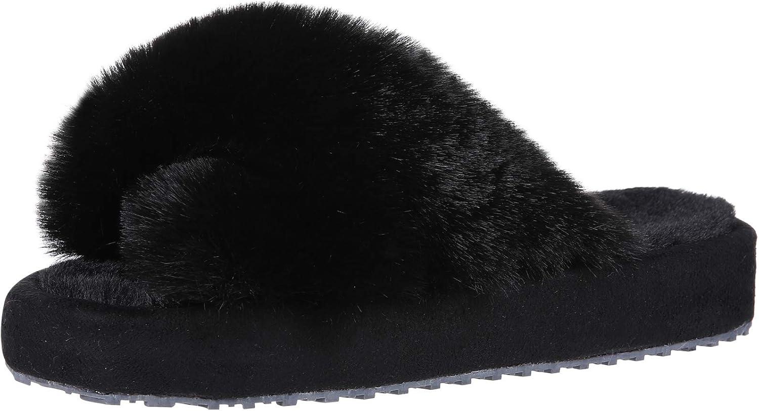 imageGirls Soft Plush Lightweight House Slippers Non Slip Cross Band Slip on Open Toe Cozy Indoor Outdoor SlippersBlack
