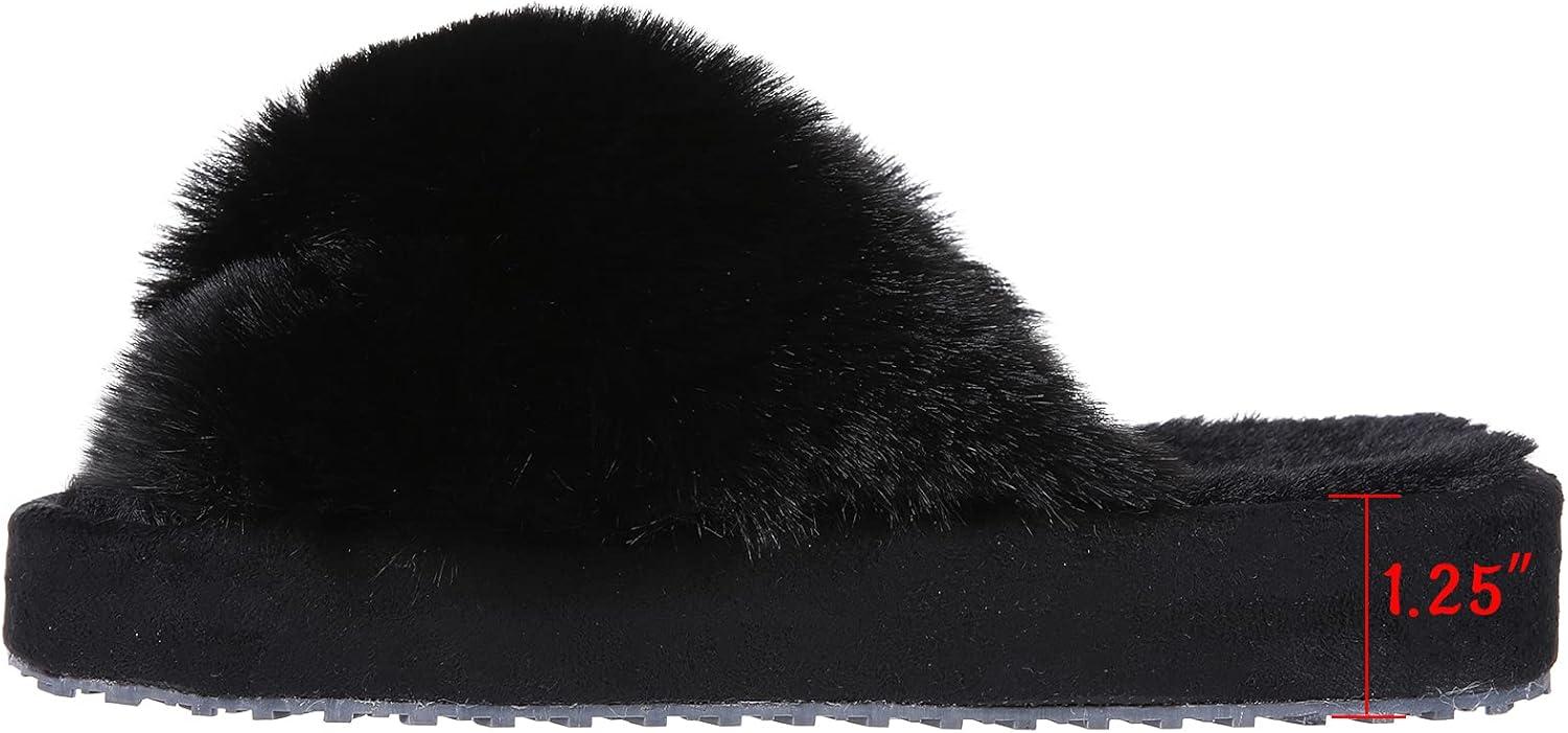 imageGirls Soft Plush Lightweight House Slippers Non Slip Cross Band Slip on Open Toe Cozy Indoor Outdoor SlippersBlack