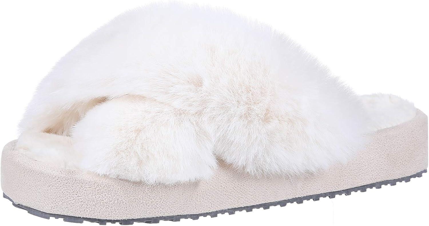 imageGirls Soft Plush Lightweight House Slippers Non Slip Cross Band Slip on Open Toe Cozy Indoor Outdoor SlippersCream