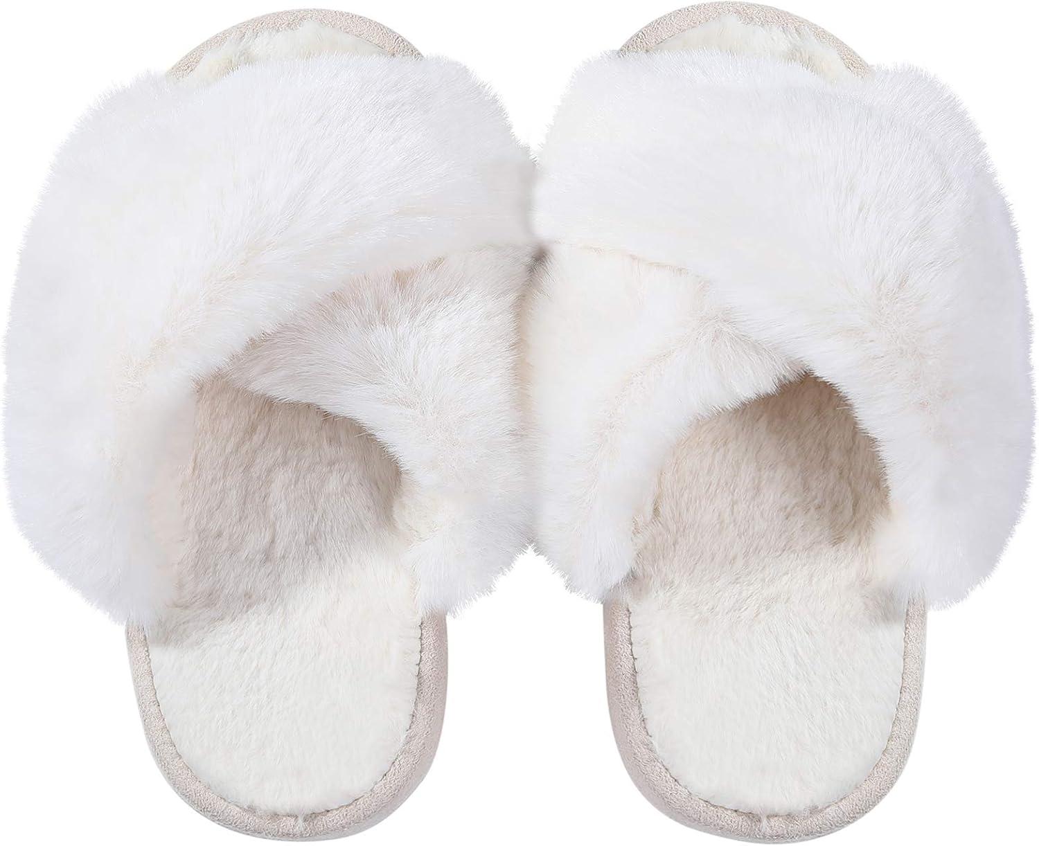 imageGirls Soft Plush Lightweight House Slippers Non Slip Cross Band Slip on Open Toe Cozy Indoor Outdoor SlippersCream