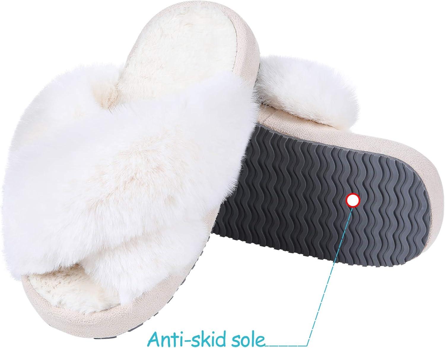 imageGirls Soft Plush Lightweight House Slippers Non Slip Cross Band Slip on Open Toe Cozy Indoor Outdoor SlippersCream