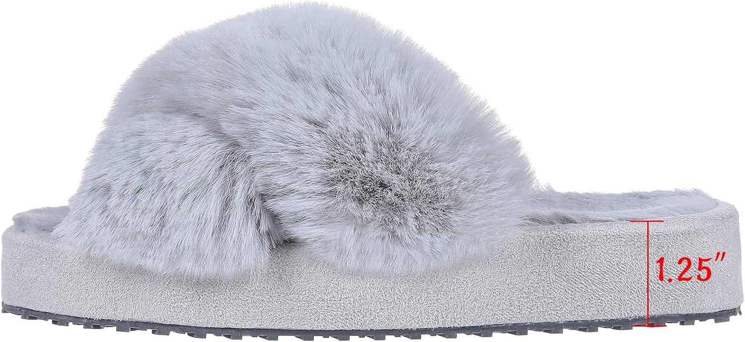 imageGirls Soft Plush Lightweight House Slippers Non Slip Cross Band Slip on Open Toe Cozy Indoor Outdoor SlippersGrey