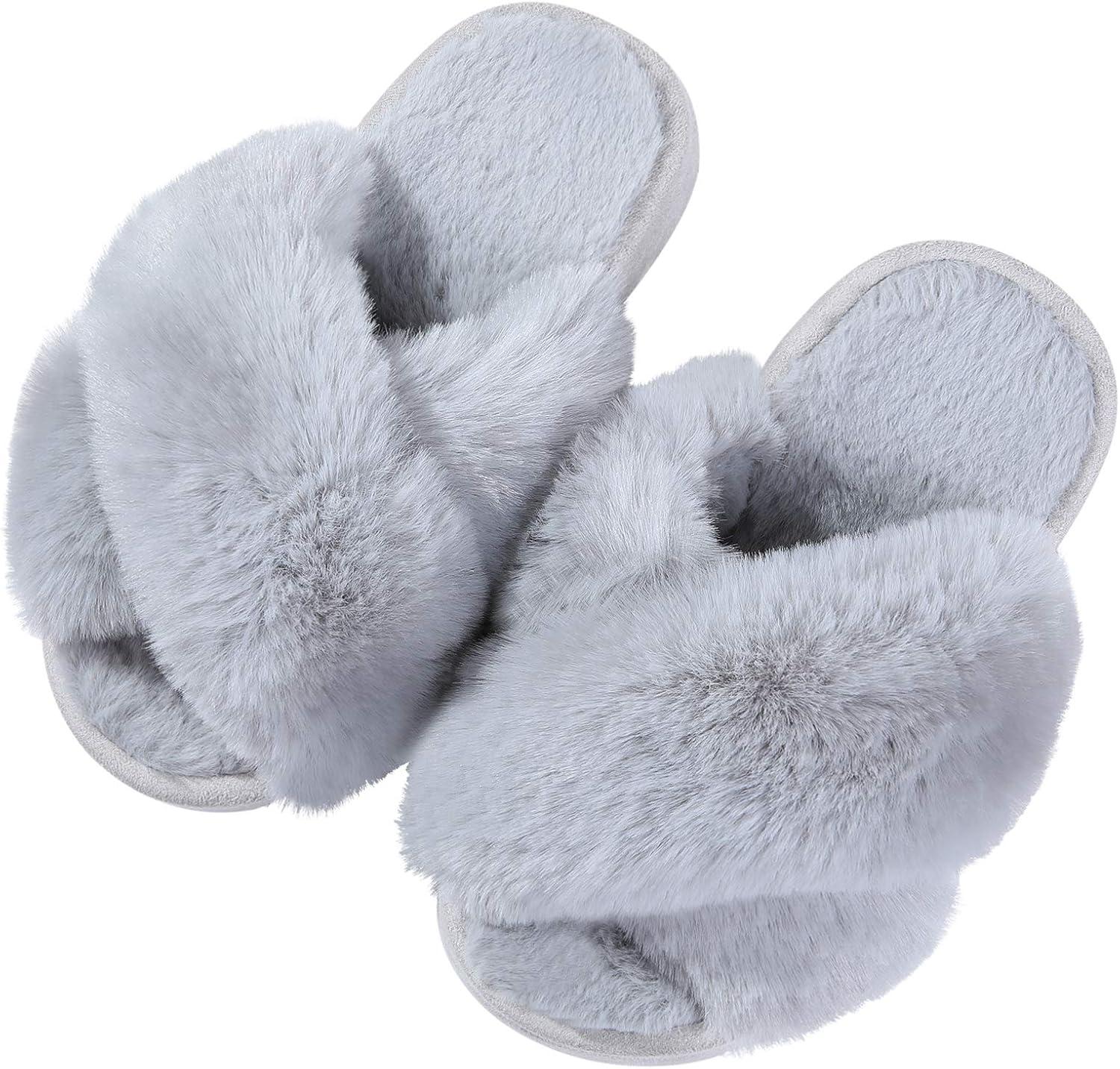 imageGirls Soft Plush Lightweight House Slippers Non Slip Cross Band Slip on Open Toe Cozy Indoor Outdoor SlippersGrey