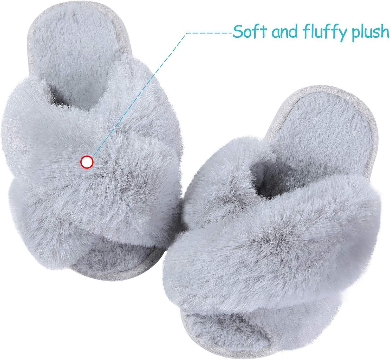 imageGirls Soft Plush Lightweight House Slippers Non Slip Cross Band Slip on Open Toe Cozy Indoor Outdoor SlippersGrey