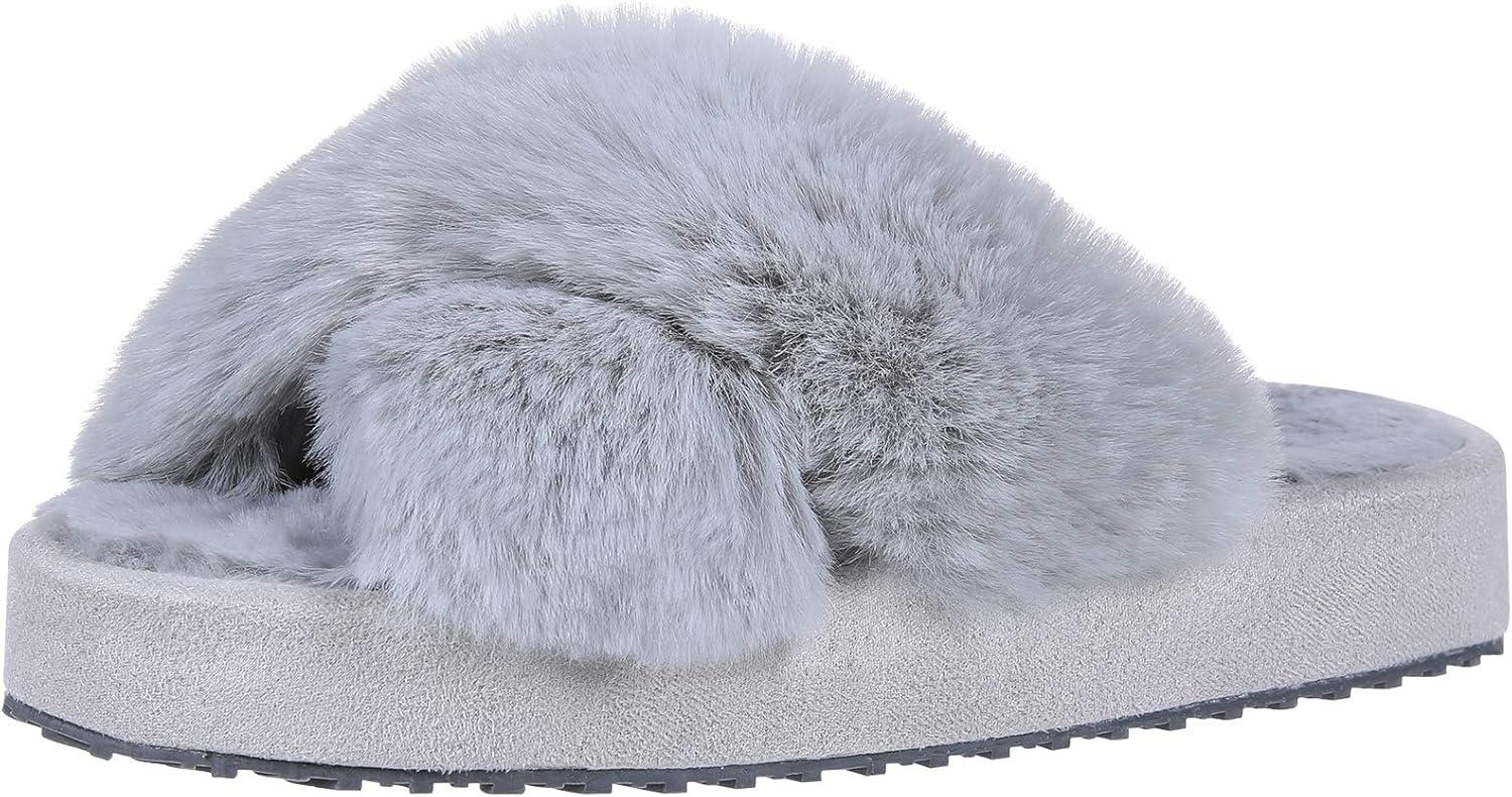 imageGirls Soft Plush Lightweight House Slippers Non Slip Cross Band Slip on Open Toe Cozy Indoor Outdoor SlippersGrey